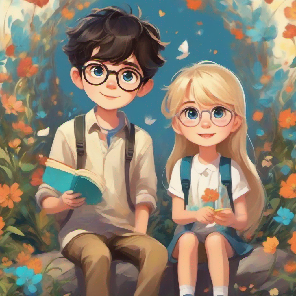 Problem-solving brings happiness and friendship to Young girl with brown hair and curious blue eyes., Intelligent and resourceful boy with messy black hair and glasses., and Shy and kind-hearted girl with blonde hair and sad eyes..