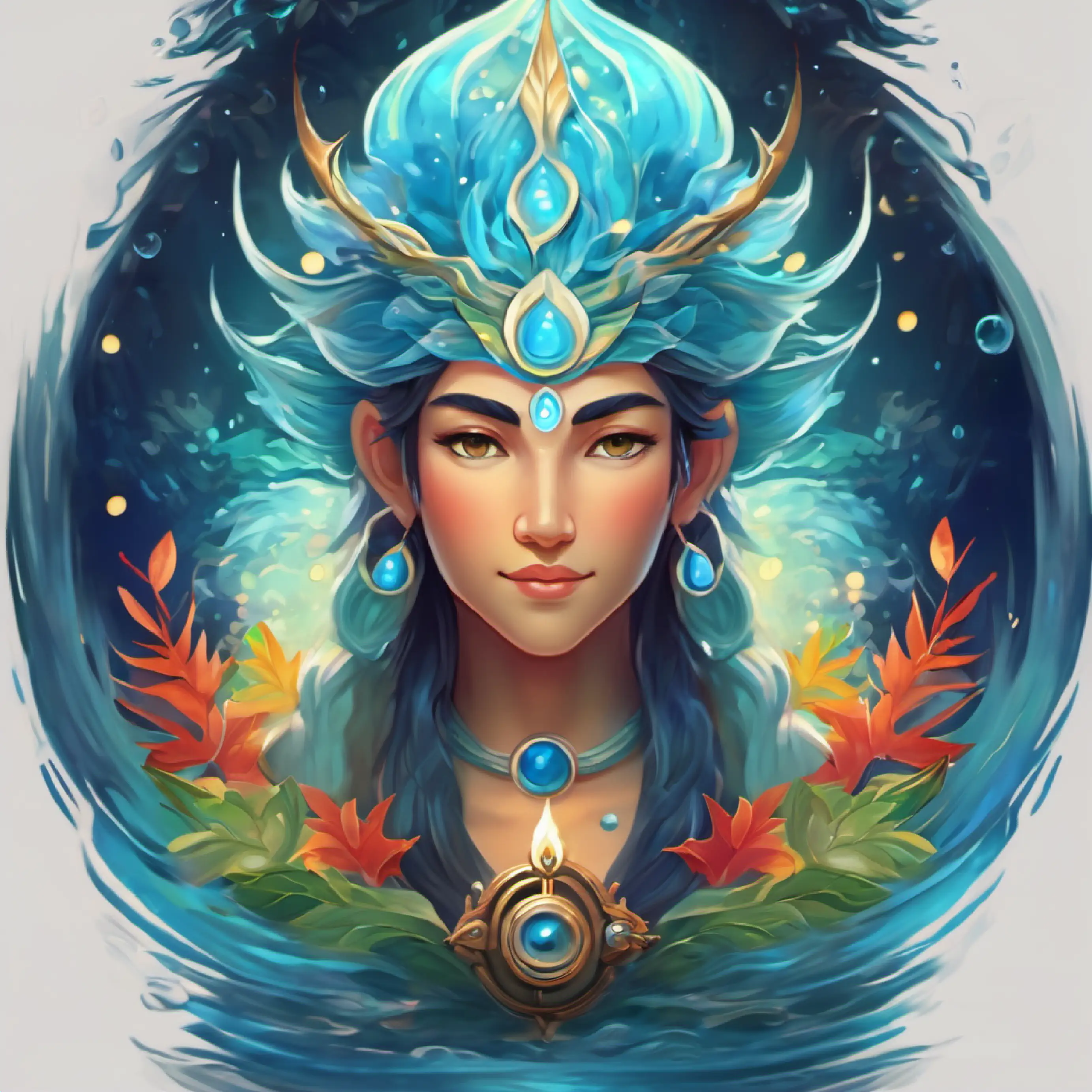 Ancient water spirit, wise eyes, tranquil aura, the water spirit appears.