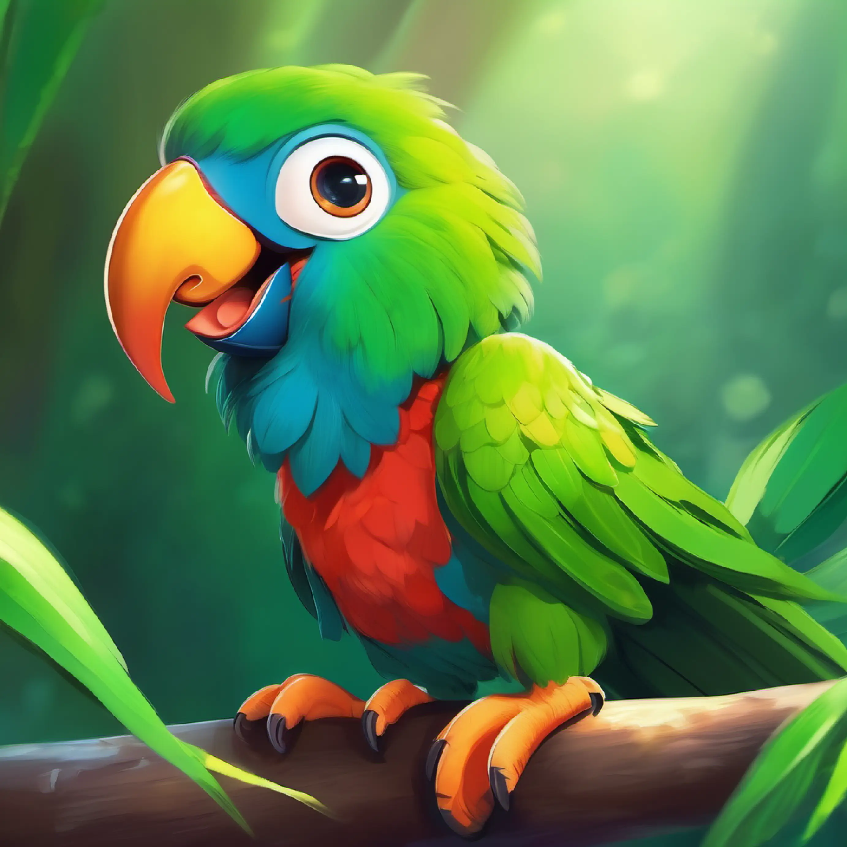 Small, playful creature, green fur, wide eyes, always smiling making a face, a parrot laughing