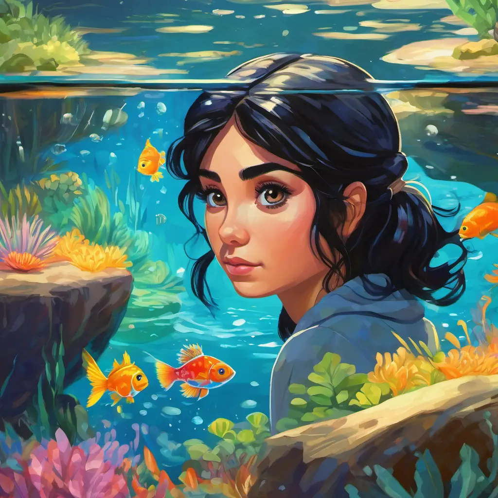 Autistic woman with black hair, curious bright eyes, extraordinary attention to detail crouched beside the tide pool, her black hair cascading over her shoulders. Her eyes gleamed with excitement as she carefully studied the colorful fish, their scales shimmering in the water. She felt a sense of peace and harmony in this hidden world.