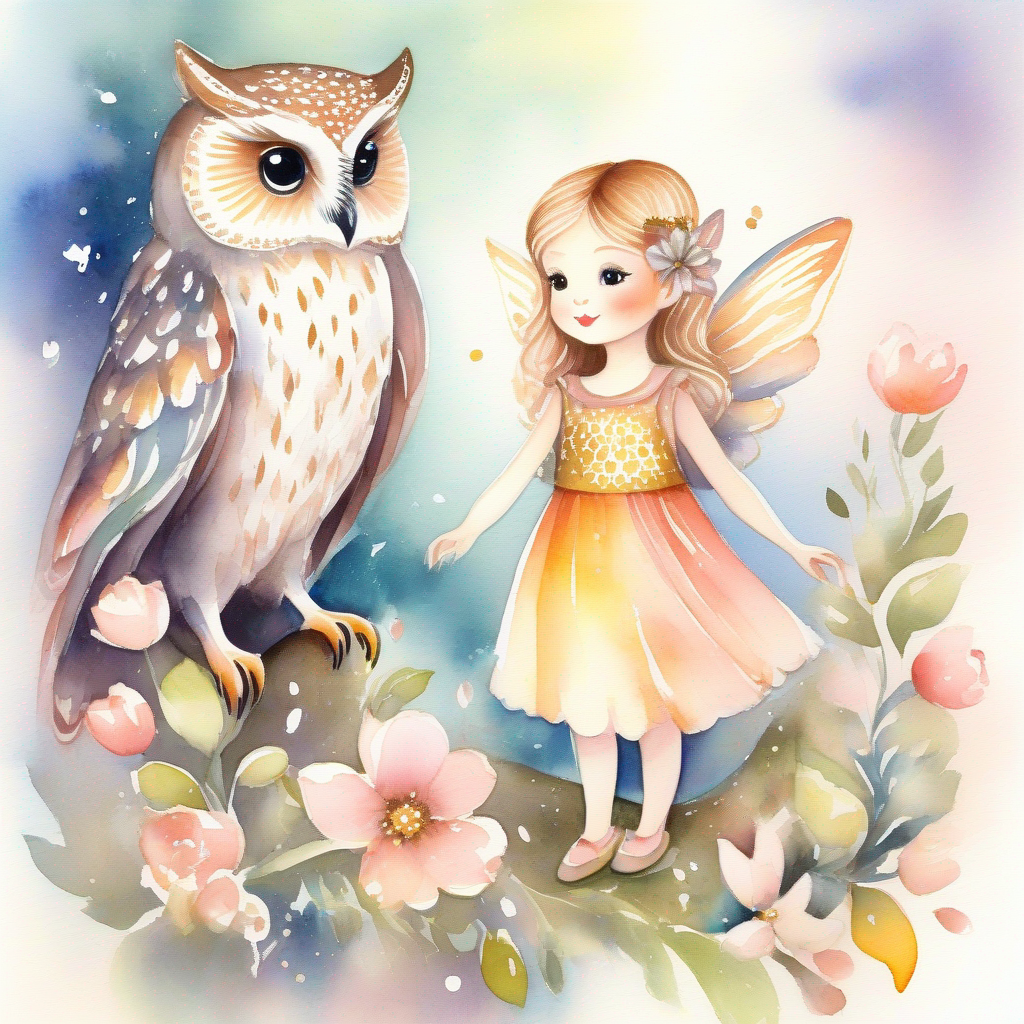 A little fairy with shimmering wings and a dress of delicate petals. learns about wisdom from a wise old owl.