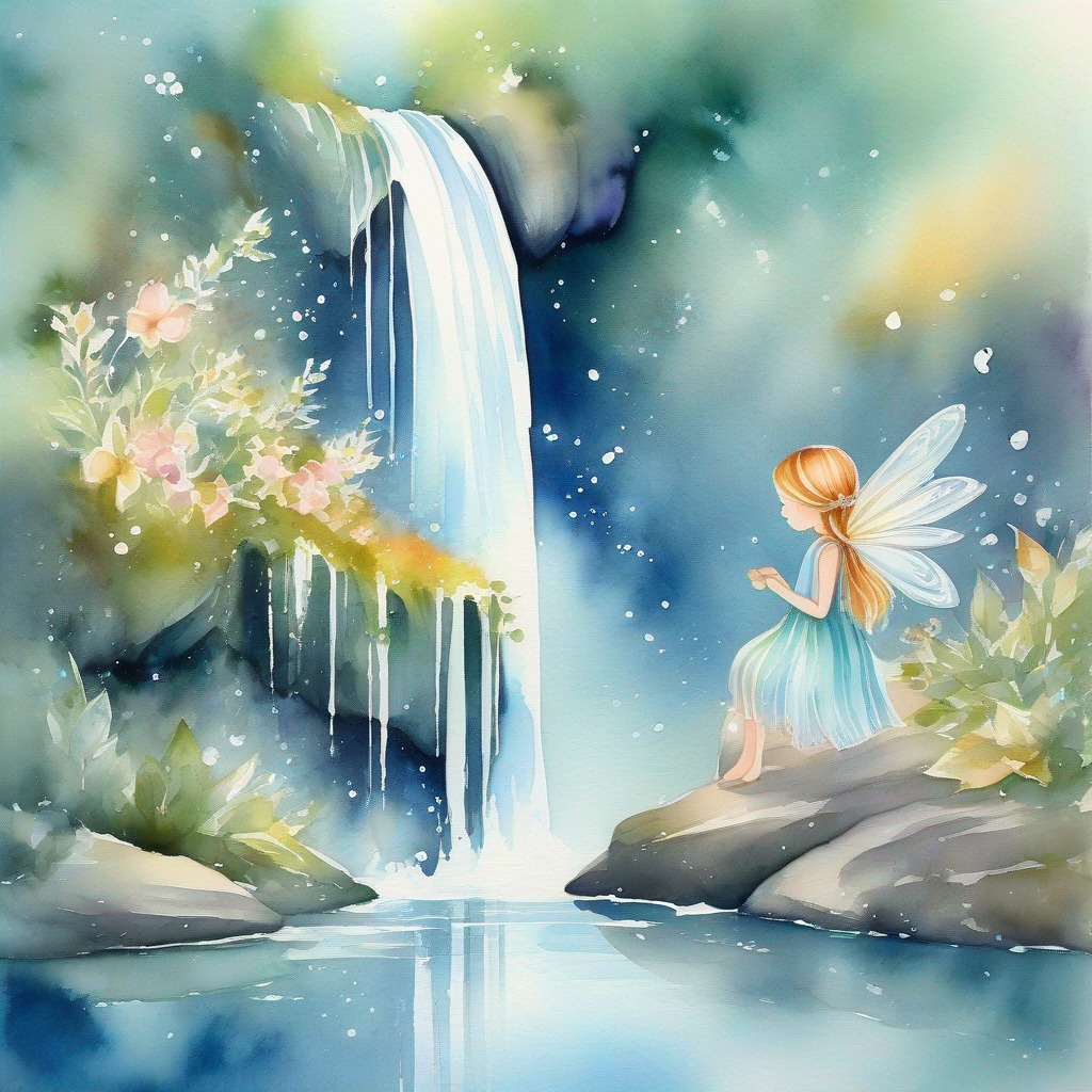 A little fairy with shimmering wings and a dress of delicate petals. finds peace and tranquility by a magical waterfall.