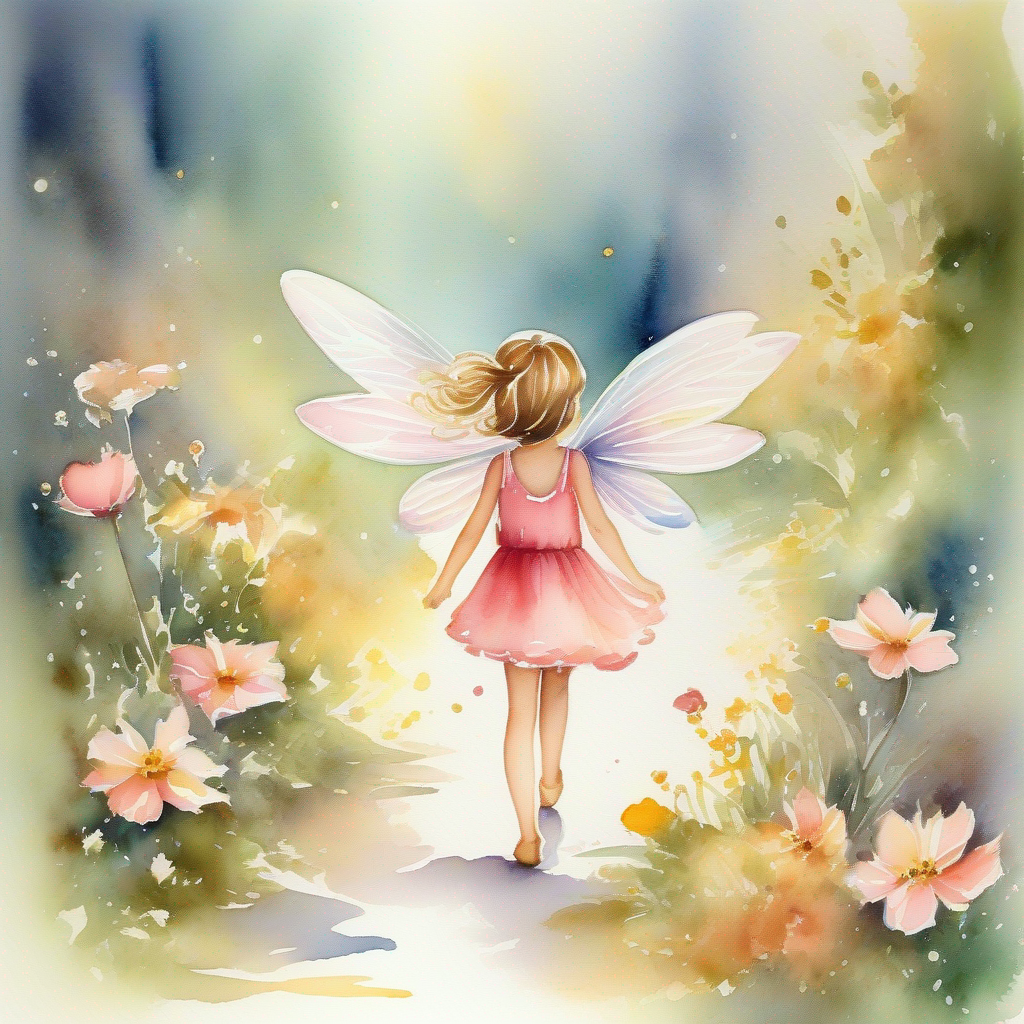 A little fairy with shimmering wings and a dress of delicate petals. returns home and shares her expedition with friends.