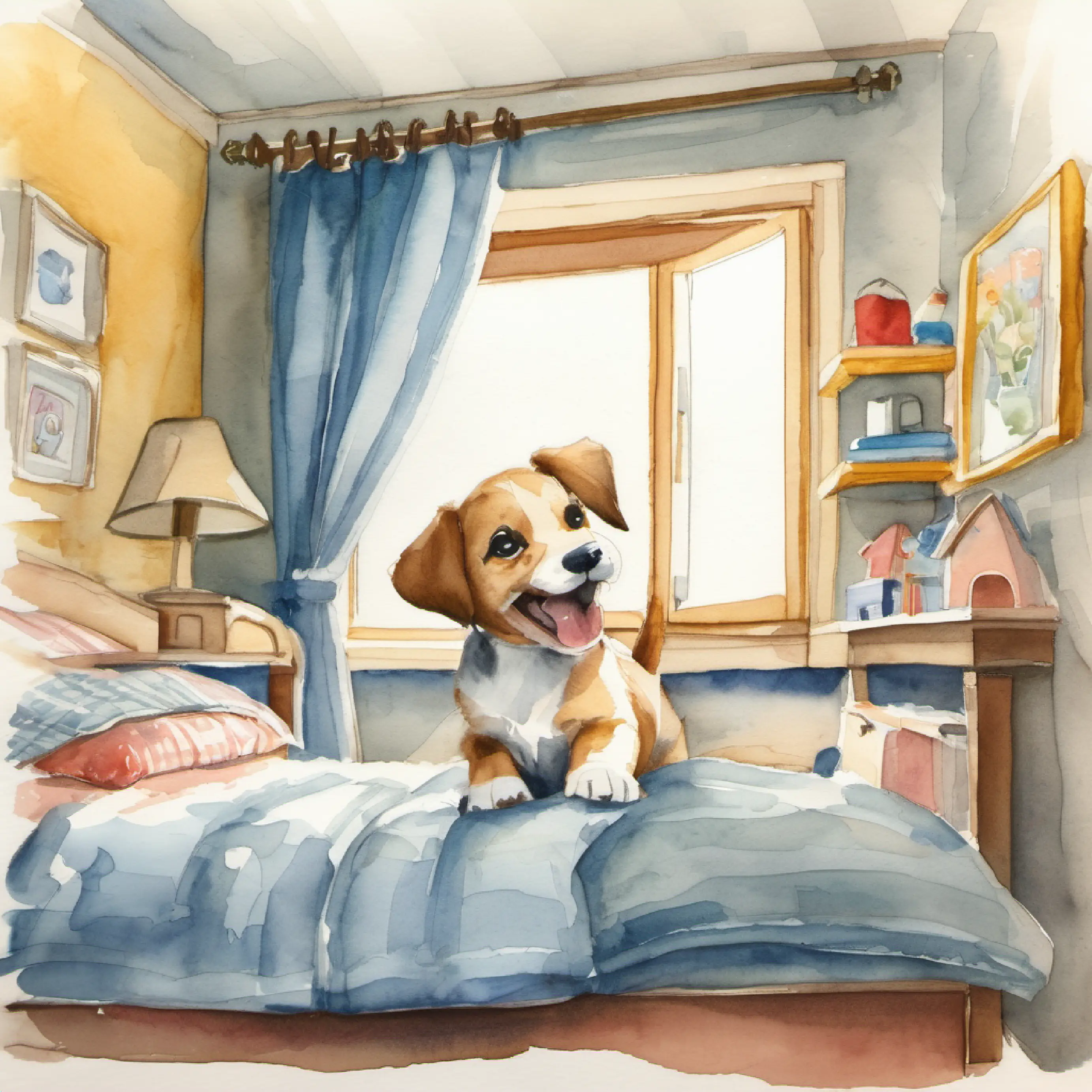 Puppy excited in bedroom, getting ready for school