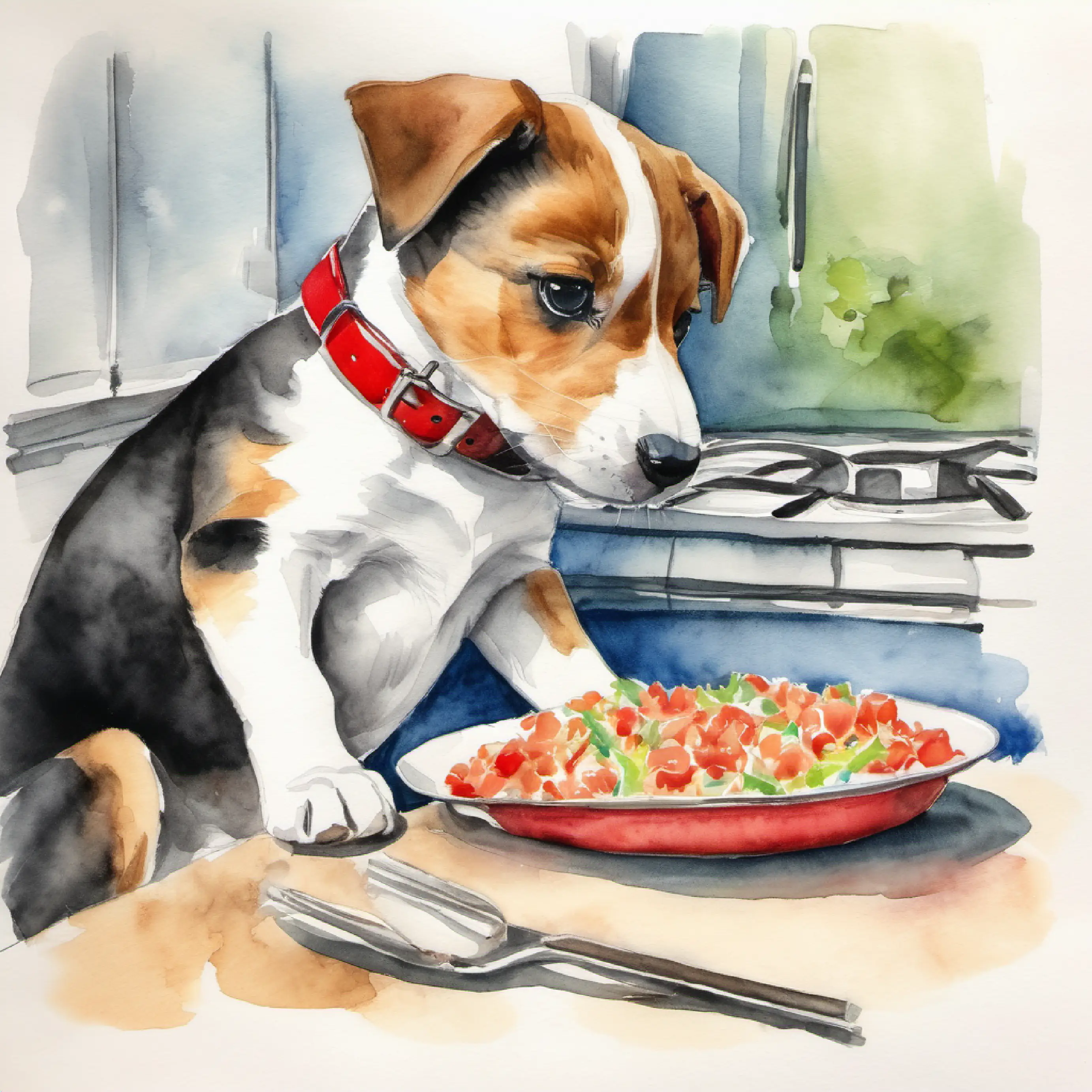 Puppy at kitchen, eating and wearing red collar