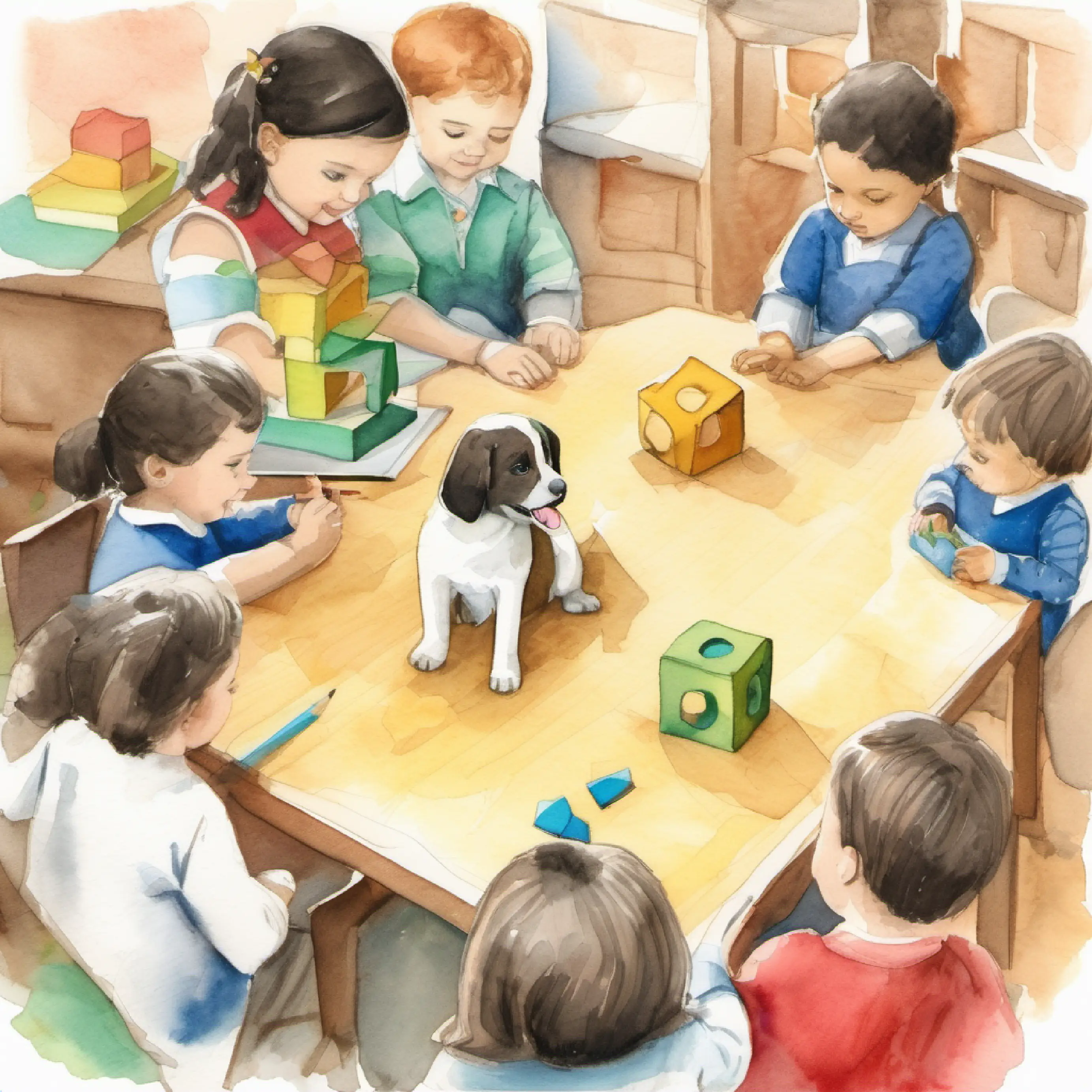 Puppy sharing blocks with classmates