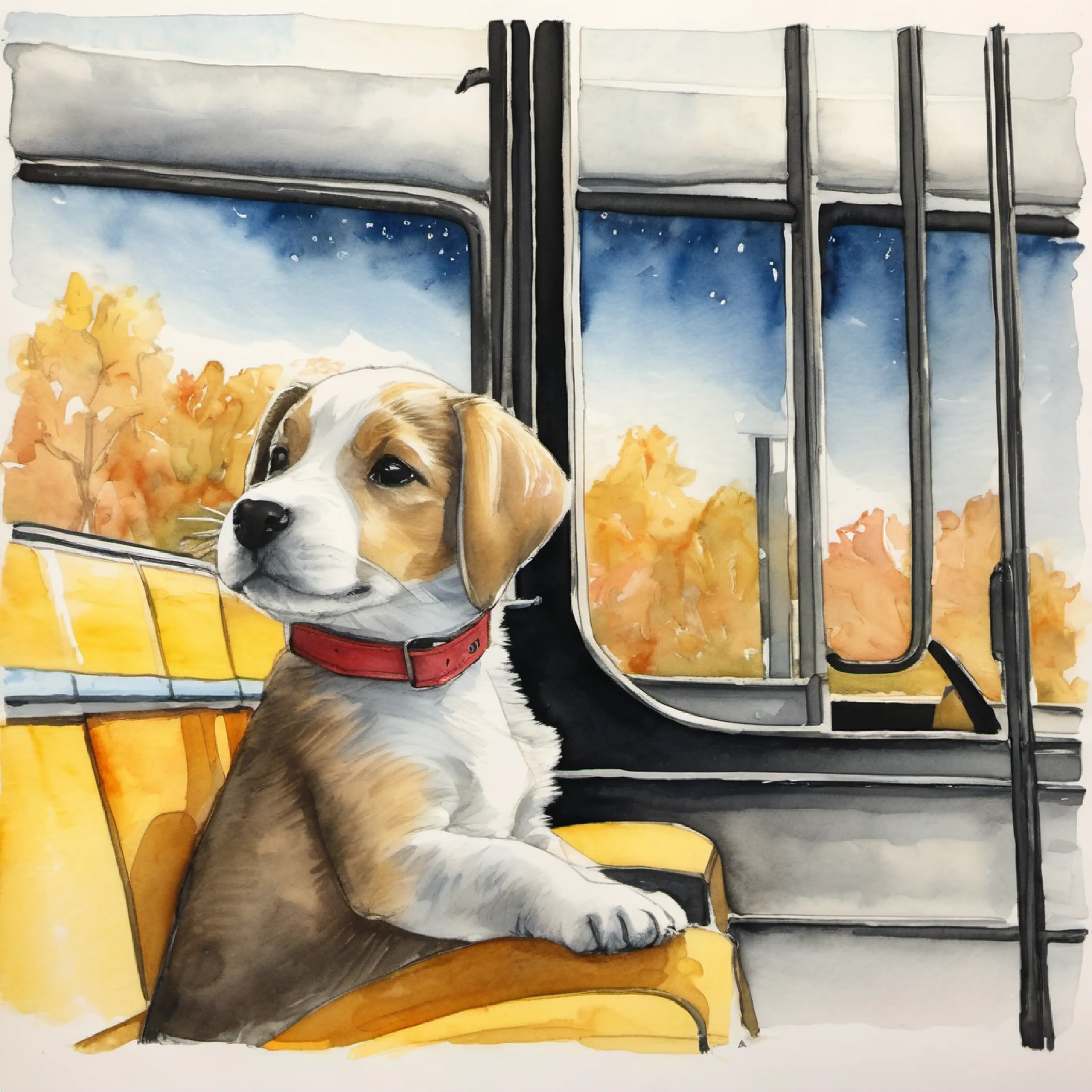 Puppy riding bus home, reflecting on day