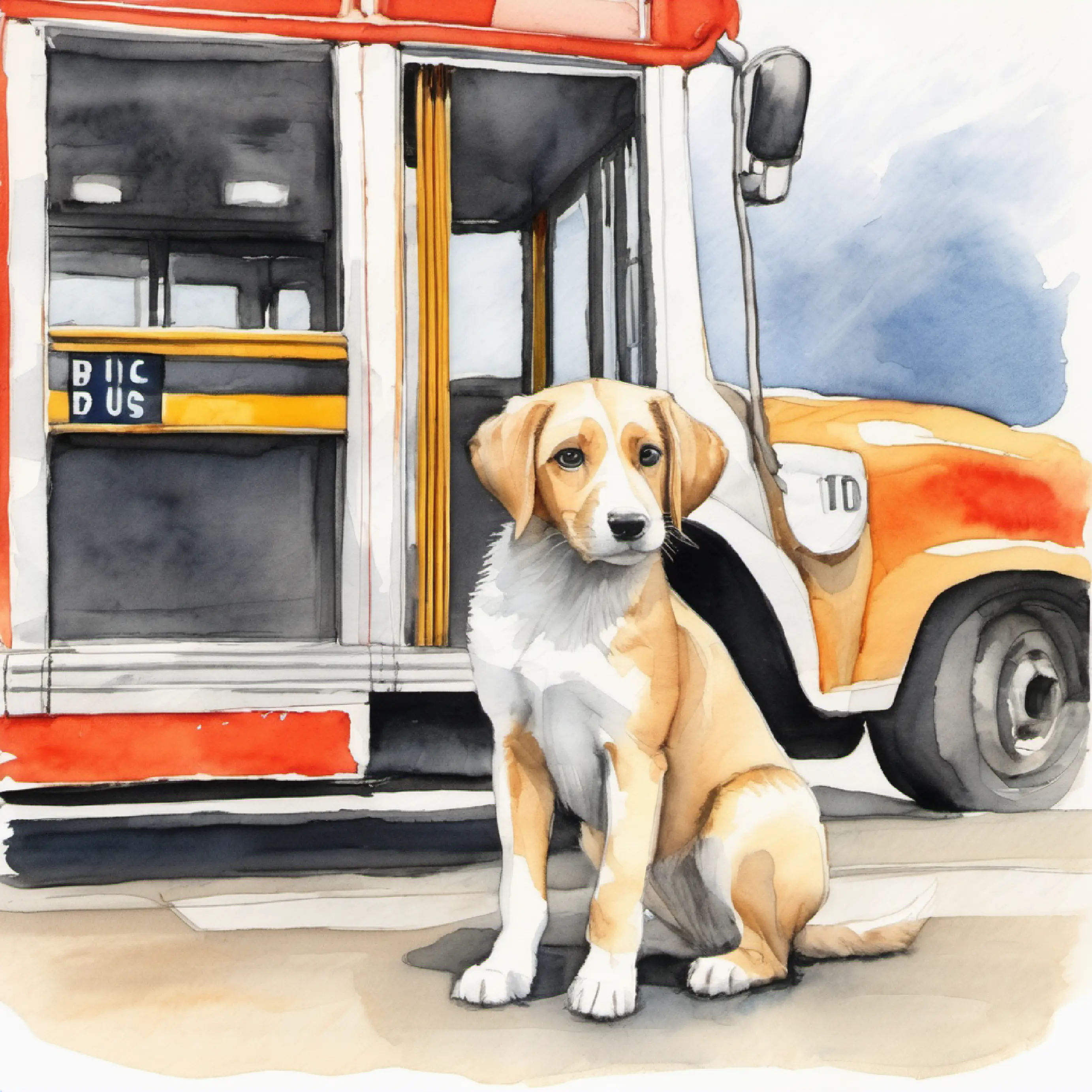 Puppy waiting for bus, tail wagging