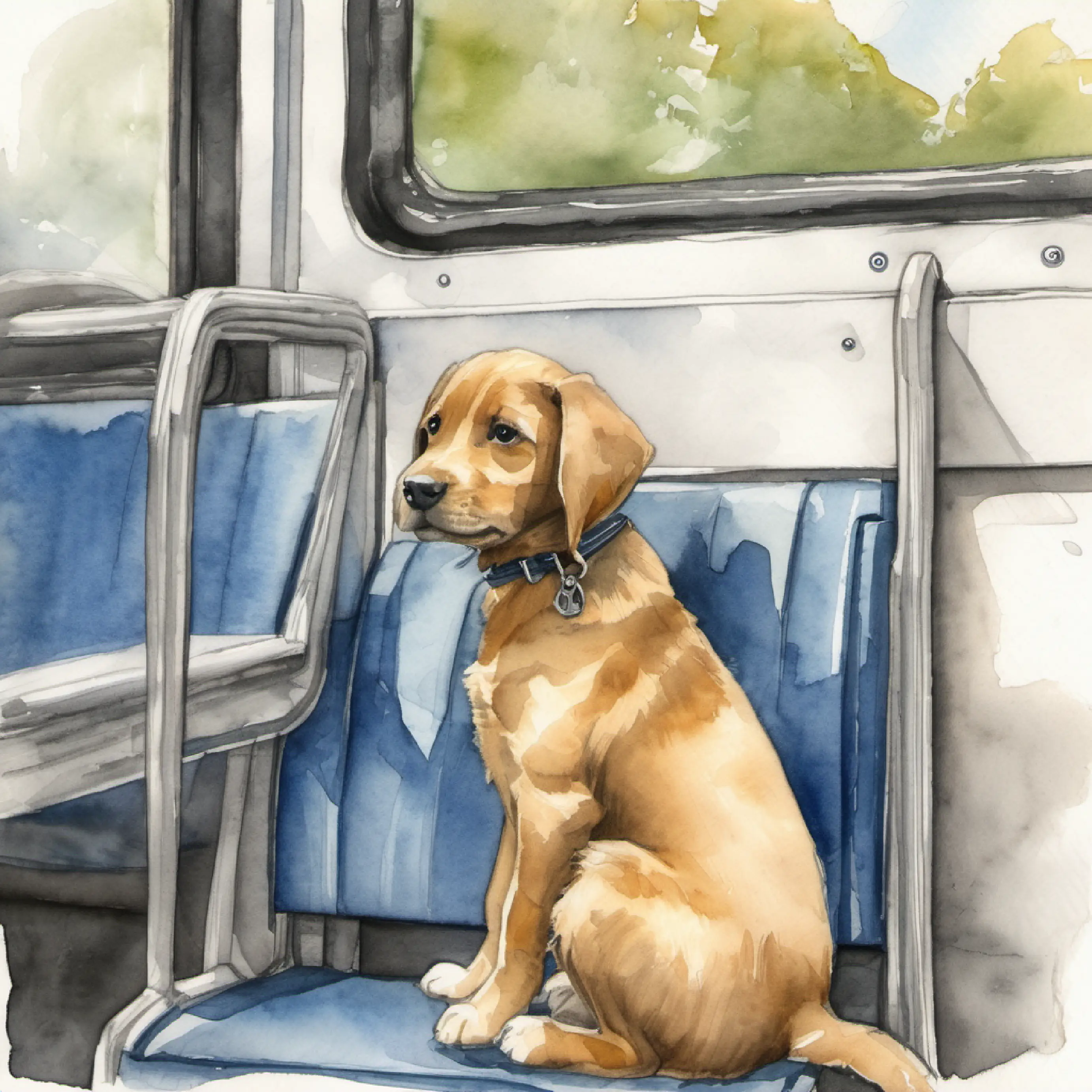 Puppy getting on bus, sitting down