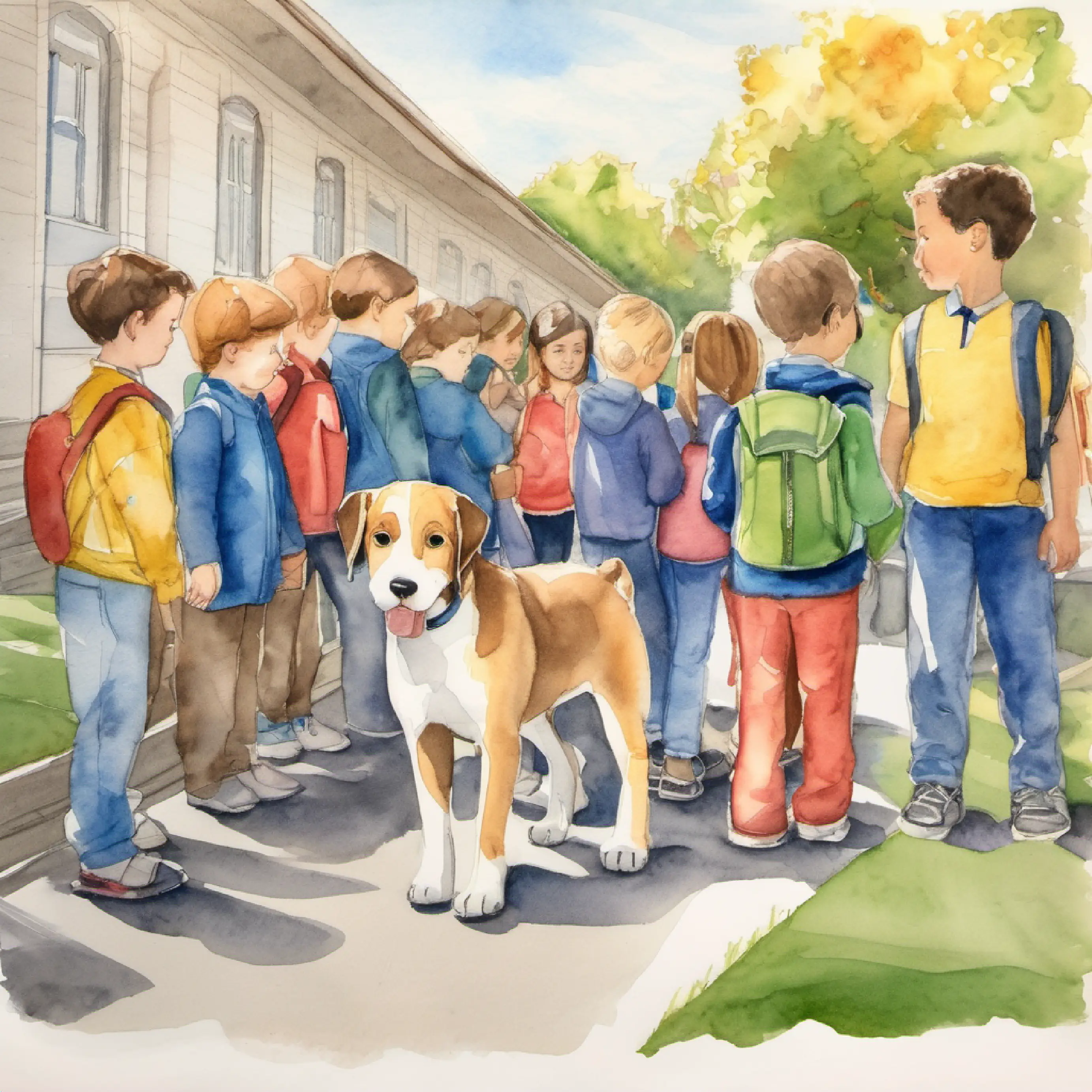 Puppy in line with classmates outside school