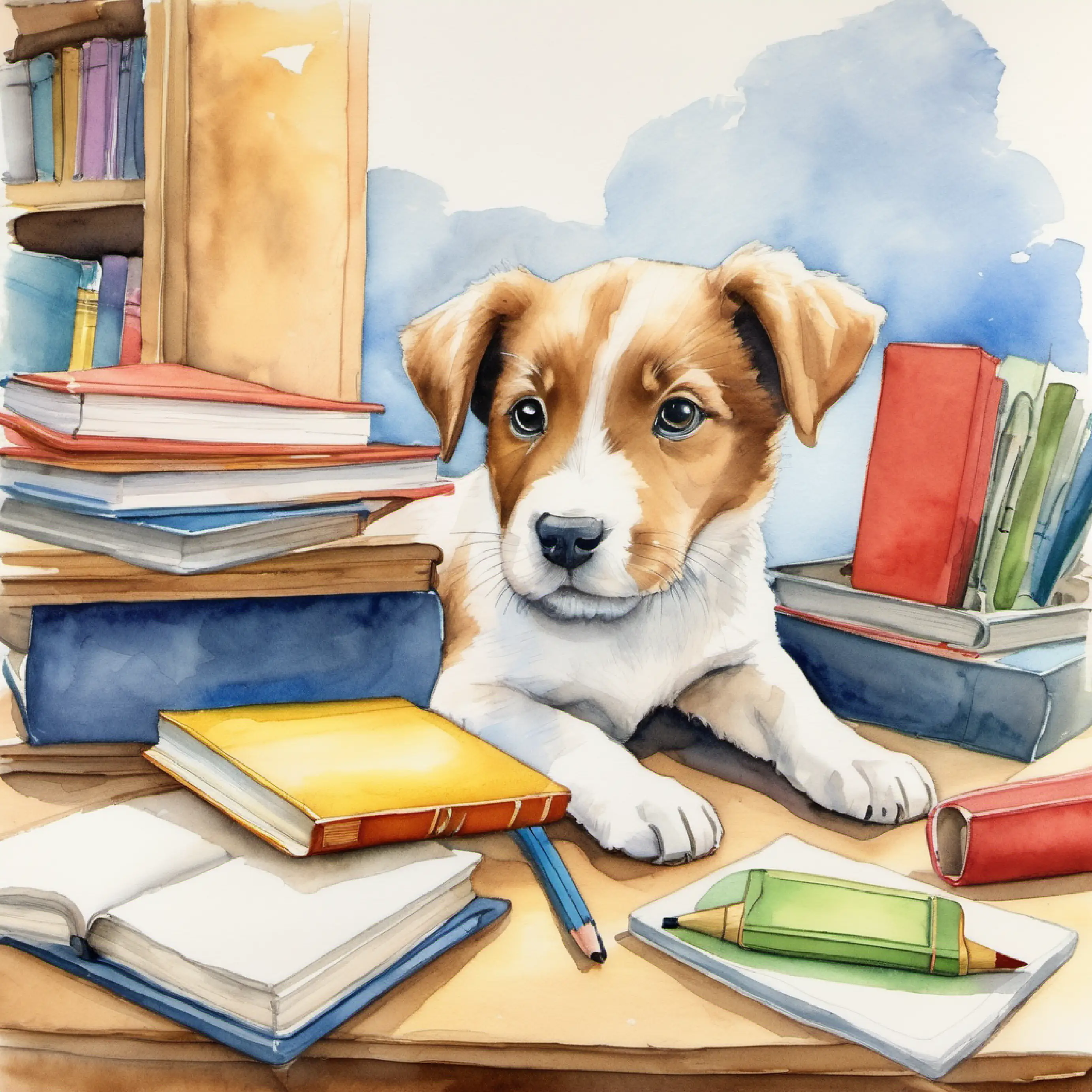 Puppy looking at classroom toys and books