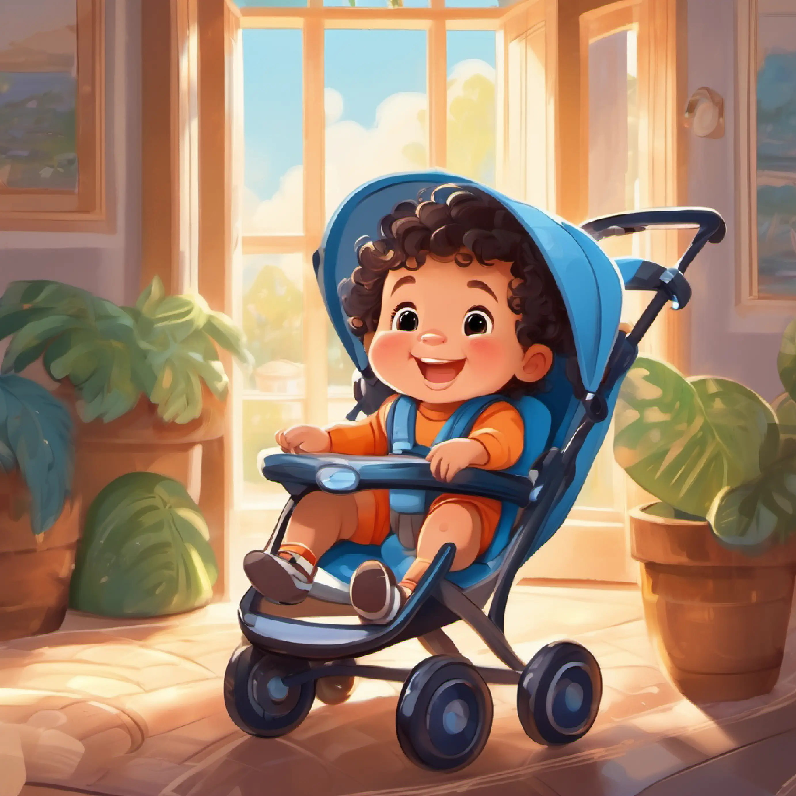 Cheerful baby, brown eyes, curly dark hair, always smiling in his stroller, excited for the trip. Scene at home.
