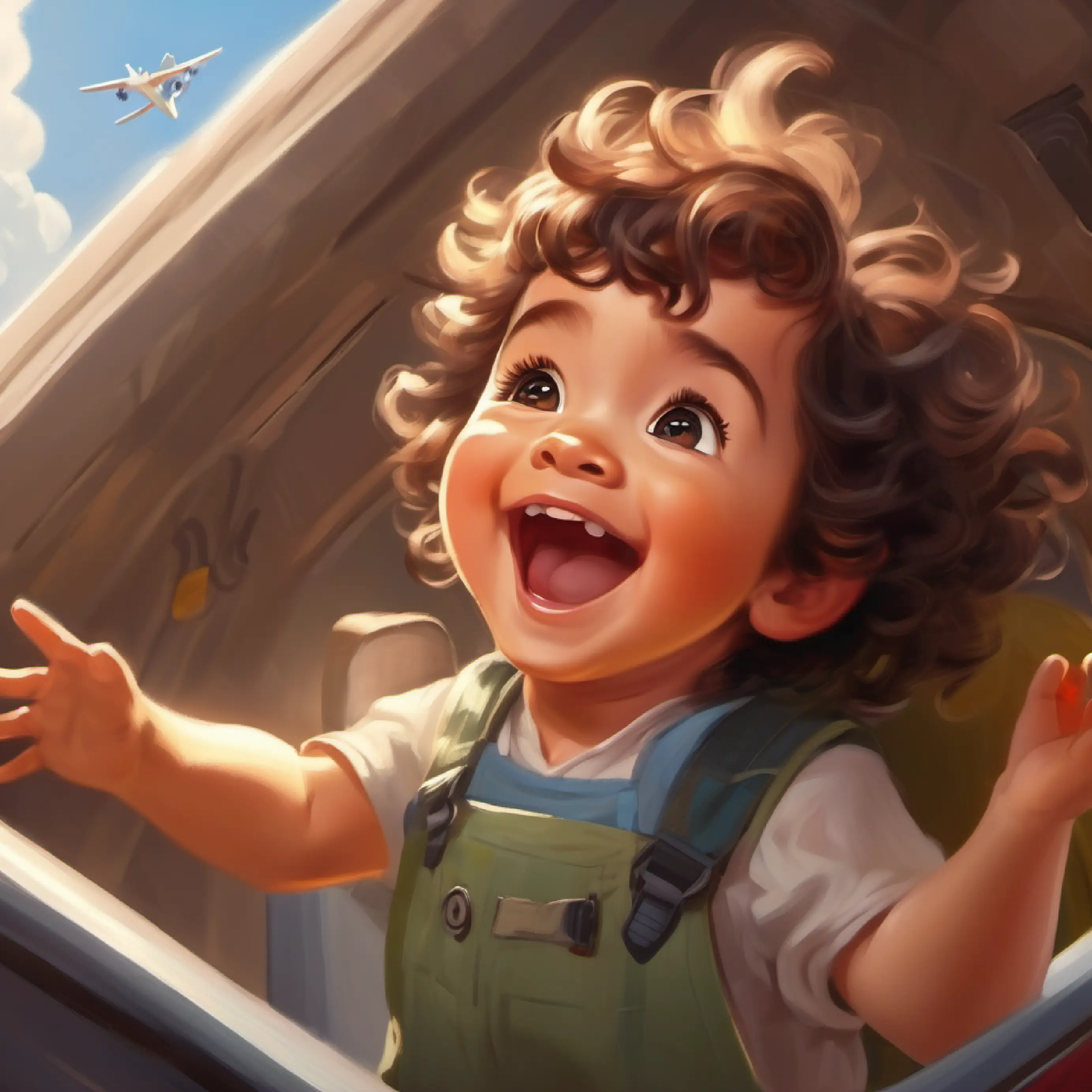 Cheerful baby, brown eyes, curly dark hair, always smiling's reaction to flying, plane taking off.