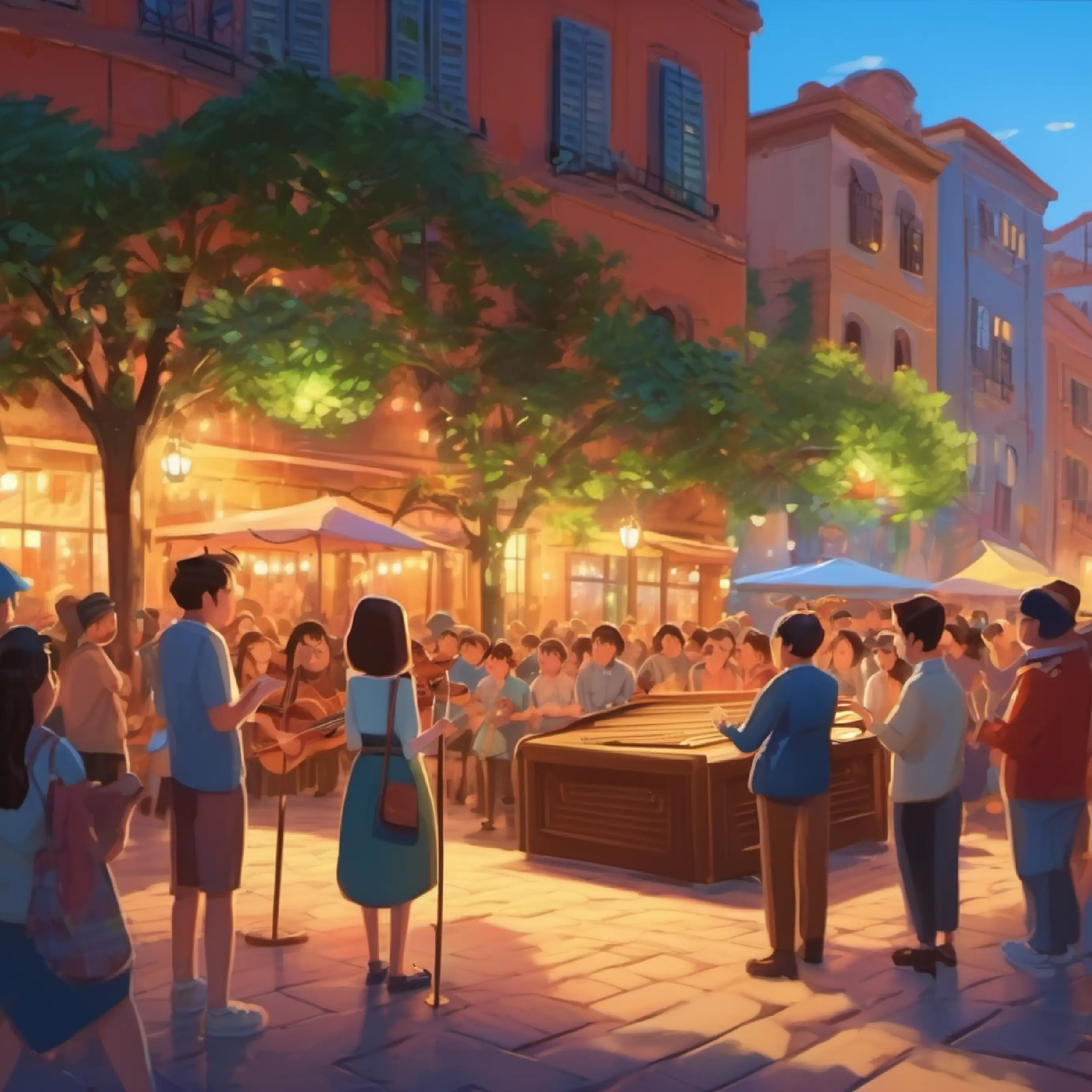 Cultural experience, music in a square, public interaction.