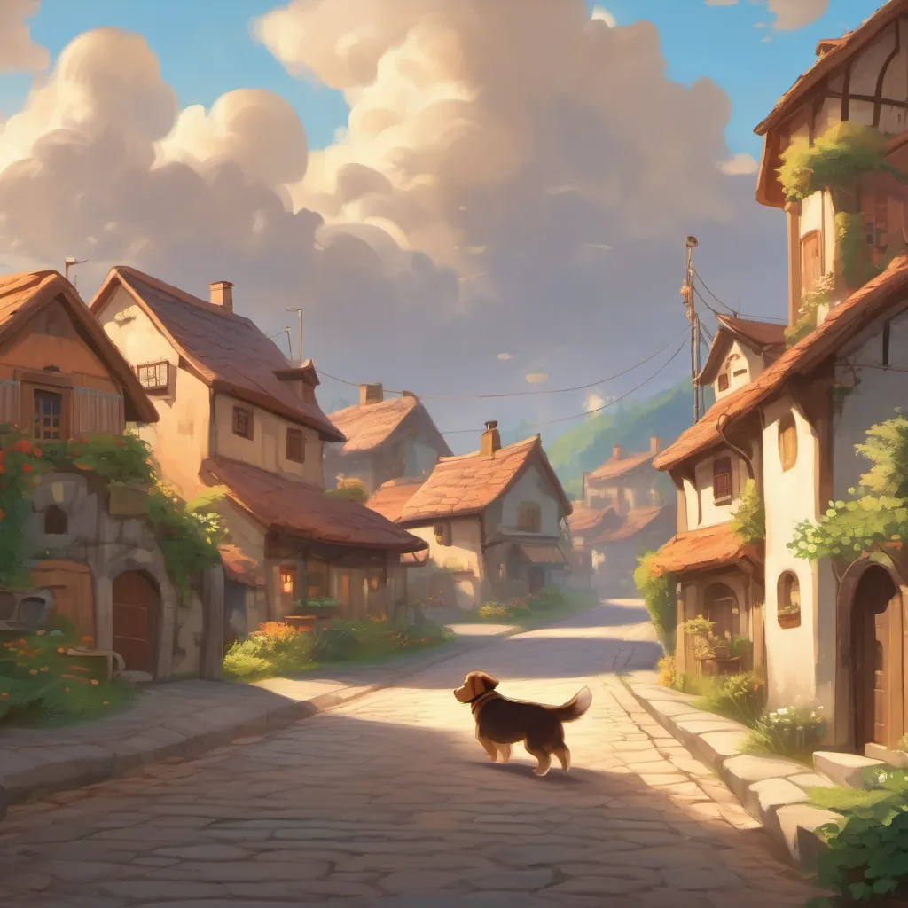 A quaint, sunlit village with a playful puppy named A loyal, playful puppy with soft, brown fur, full of energy and affection running joyfully.