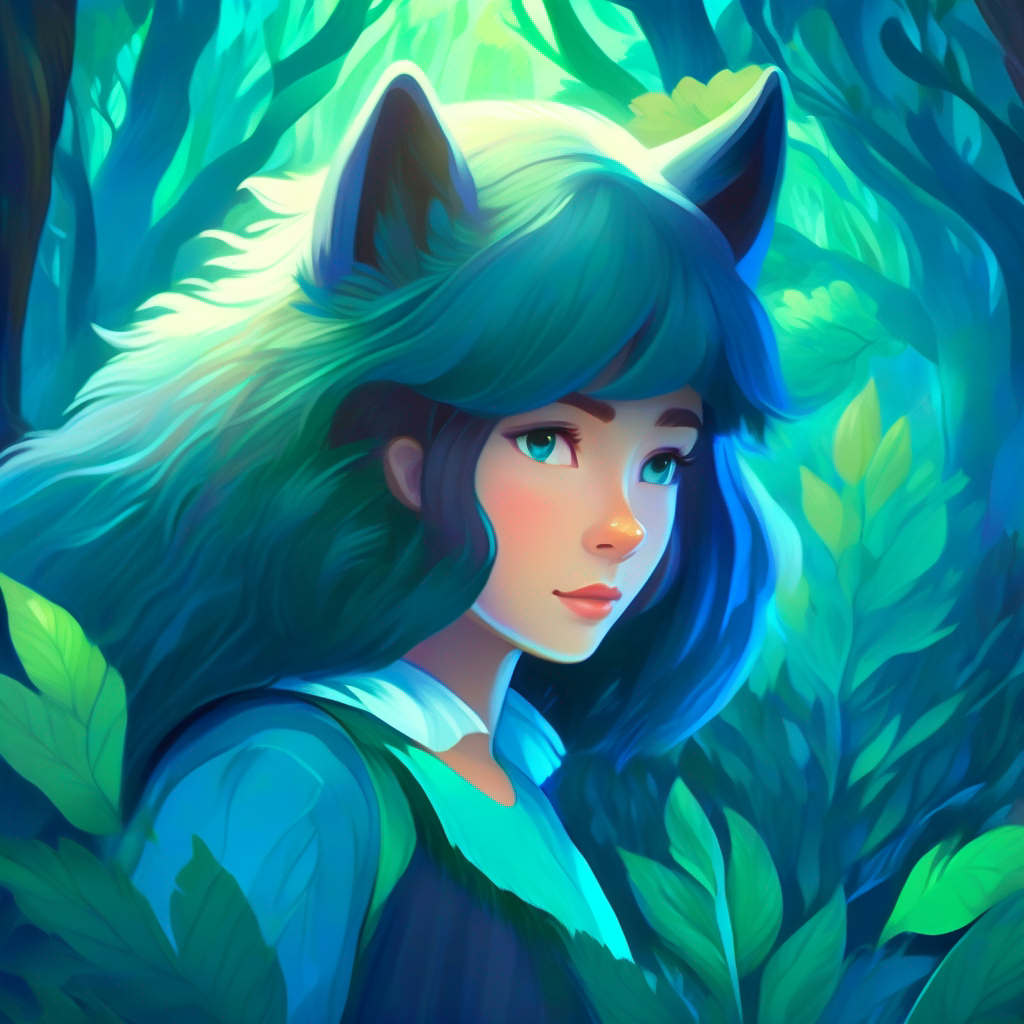 A girl with a kind heart, determined to protect the forest. meets a magical wolf in the enchanted forest, blue and green colors.