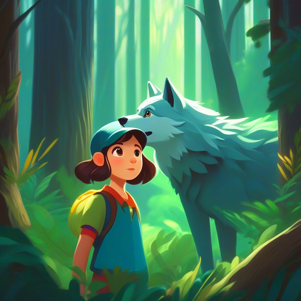A girl with a kind heart, determined to protect the forest. asks the magical wolf for help, determined to protect the forest.