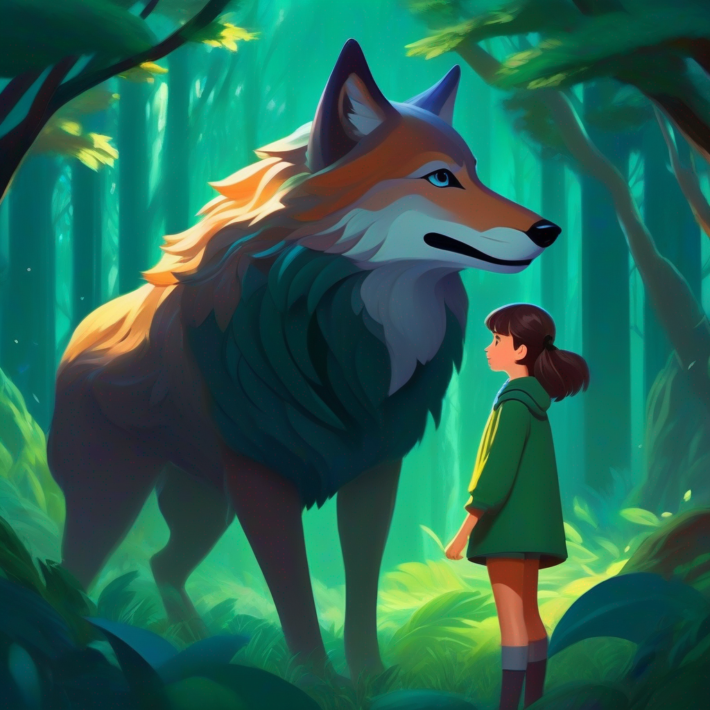 A girl with a kind heart, determined to protect the forest. and the magical wolf prepare for battle, creating a protection shield.