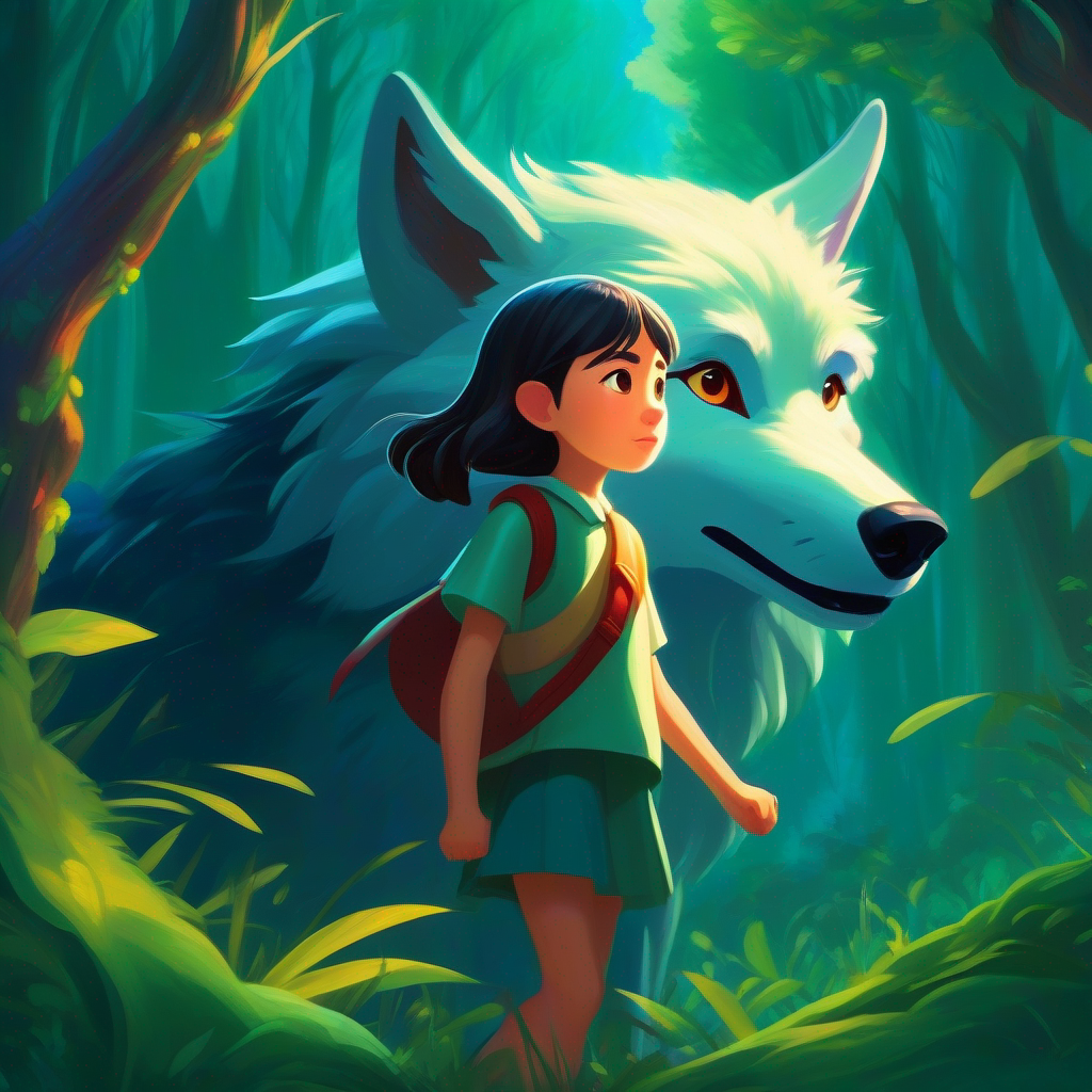 A girl with a kind heart, determined to protect the forest. and the magical wolf fight the wicked creature, showing bravery.