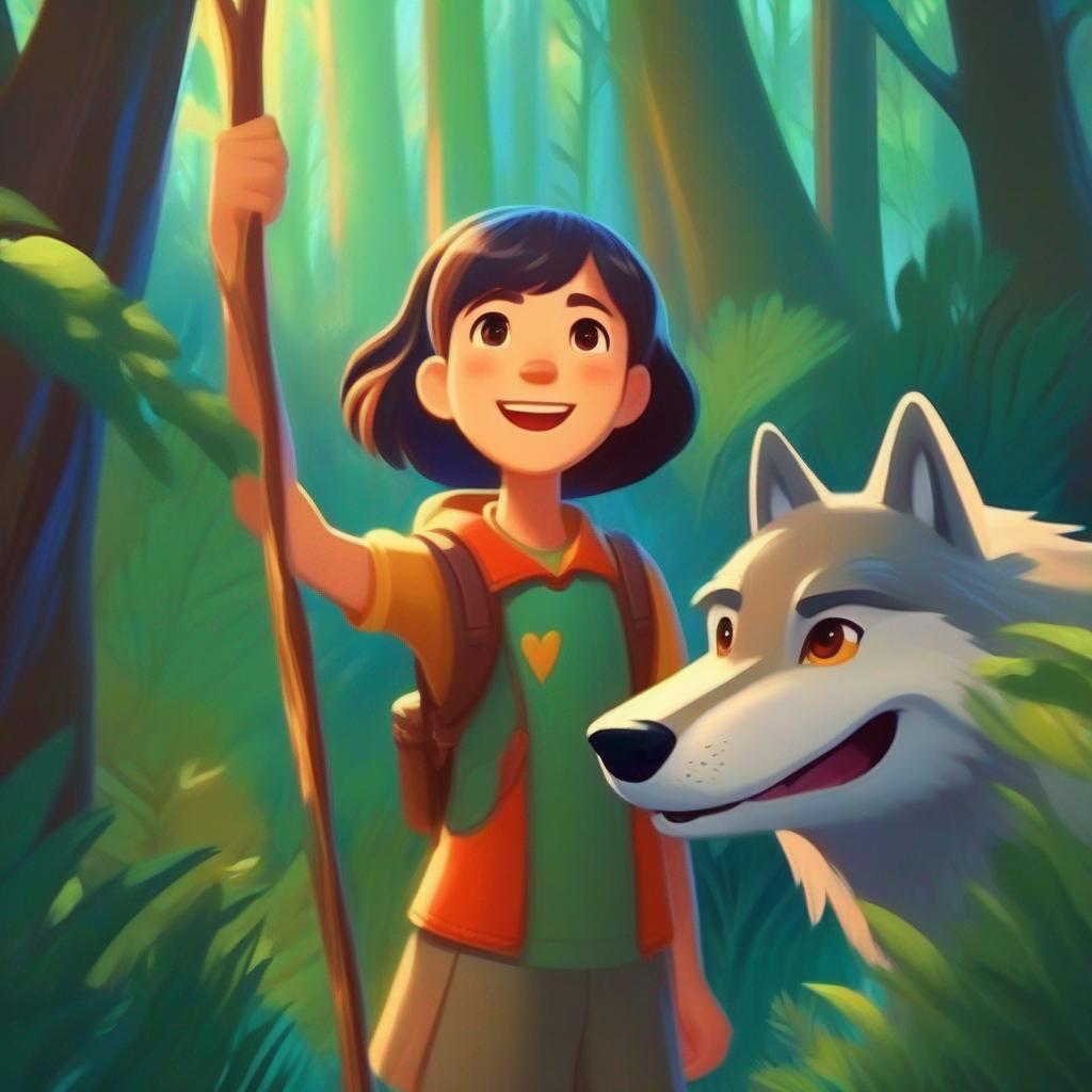A girl with a kind heart, determined to protect the forest. and the magical wolf celebrate their victory, happy and smiling.