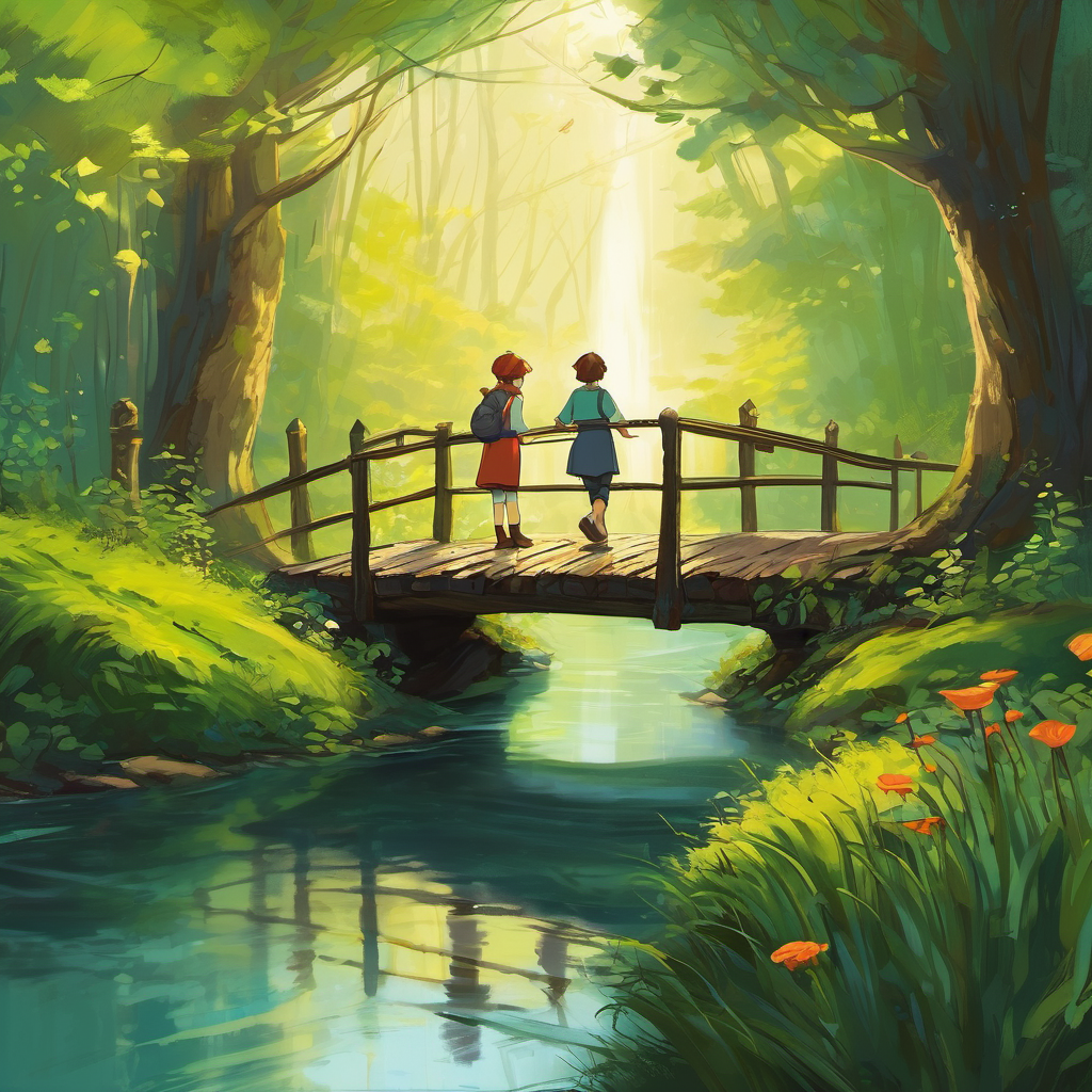 One day, as they ventured into the mystical Whispering Woods, they stumbled upon an ancient, rickety bridge. Timeworn and barely holding on, it spanned a deep and rushing river. Lily, being the daring one, suggested they cross it. But Max, who was a bit more cautious, had doubts about the bridge’s stability. Nevertheless, Max brushed aside their differences and decided to trust Lily, just as he always did. Hand in hand, they tiptoed onto the aged wooden slats, their hearts pounding as loud as drums. With every wobbly step, their bond grew stronger.