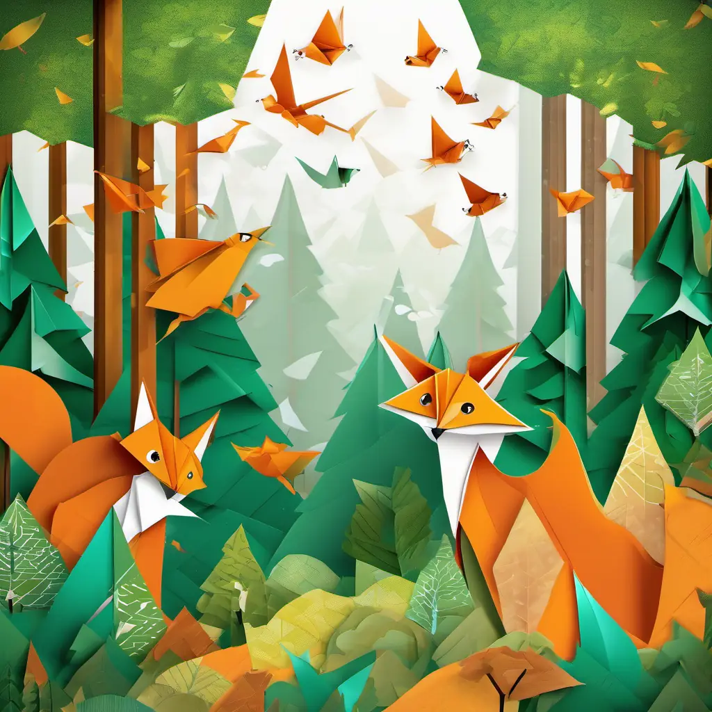 The illustration shows Orange fur, green eyes, friendly and curious walking through the forest, with birds flying above and squirrels peeking from the trees.