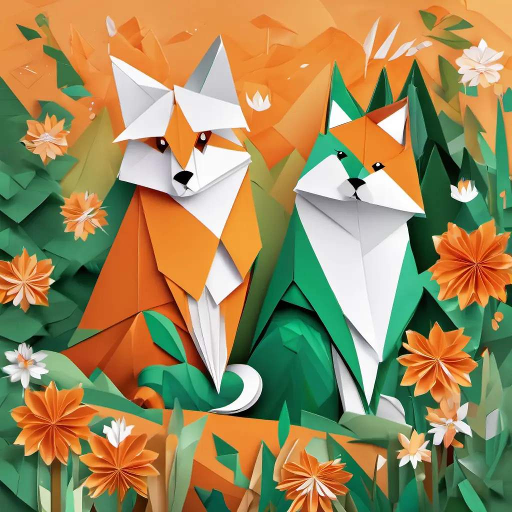 The illustration shows Orange fur, green eyes, friendly and curious and White fur, brown eyes, scared and lost sitting next to each other, surrounded by trees and flowers.