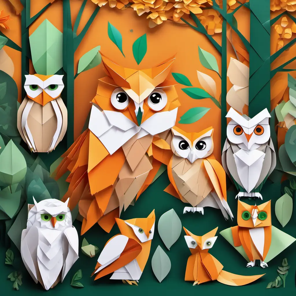 The illustration shows Orange fur, green eyes, friendly and curious, White fur, brown eyes, scared and lost, and Gray wings, round eyes, wise owl standing together under a big tree, with other animals like deer and foxes peeking from behind.