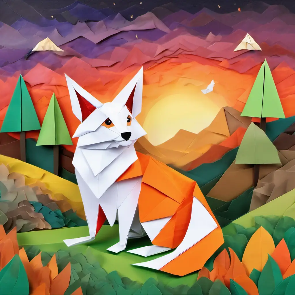 The illustration shows Orange fur, green eyes, friendly and curious bidding farewell to White fur, brown eyes, scared and lost outside his burrow, with a colorful sunset and smiling woodland creatures.