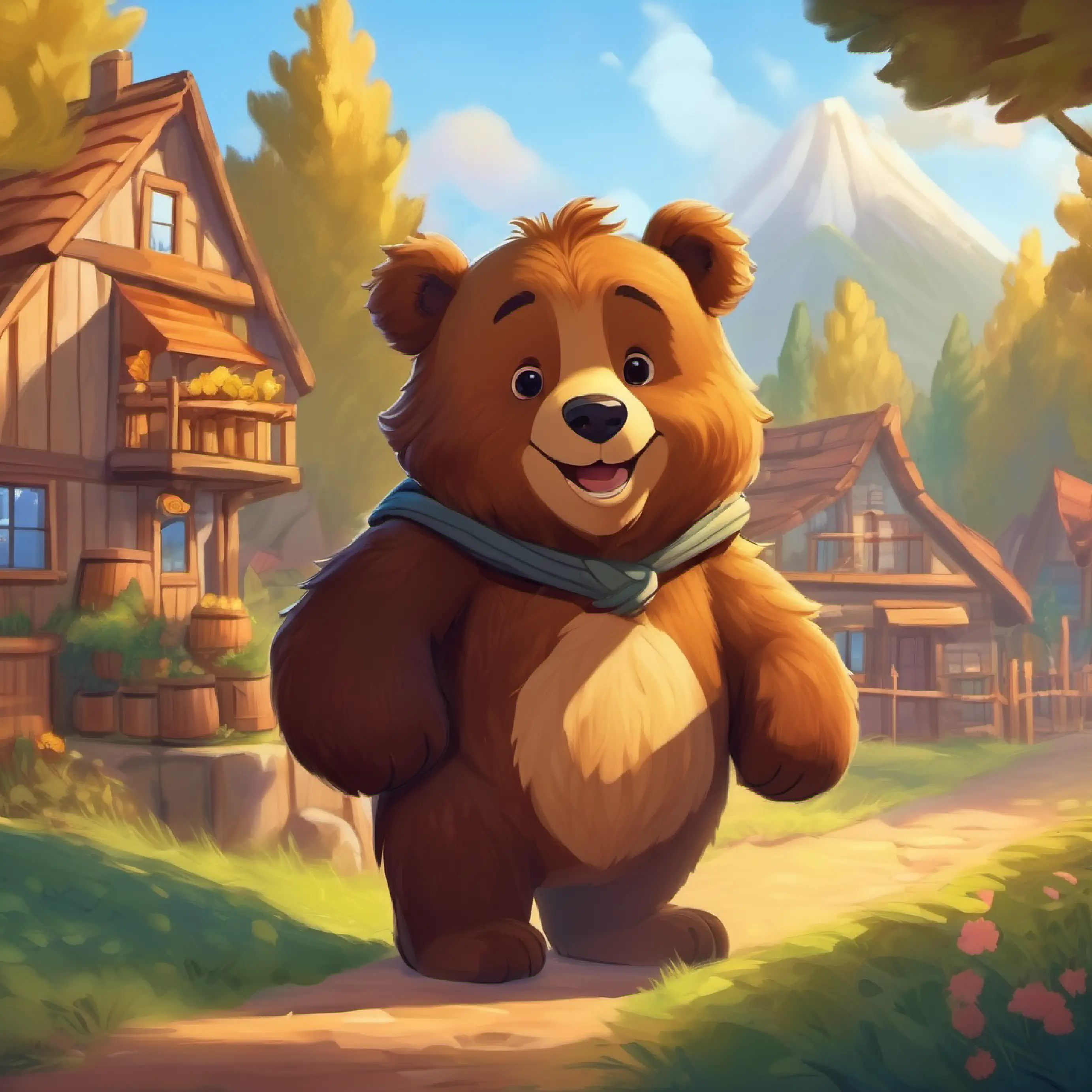 Honey Grove, Furry brown bear with a big smile, twinkling brown eyes the Bear, getting ready for an adventure, cozy town