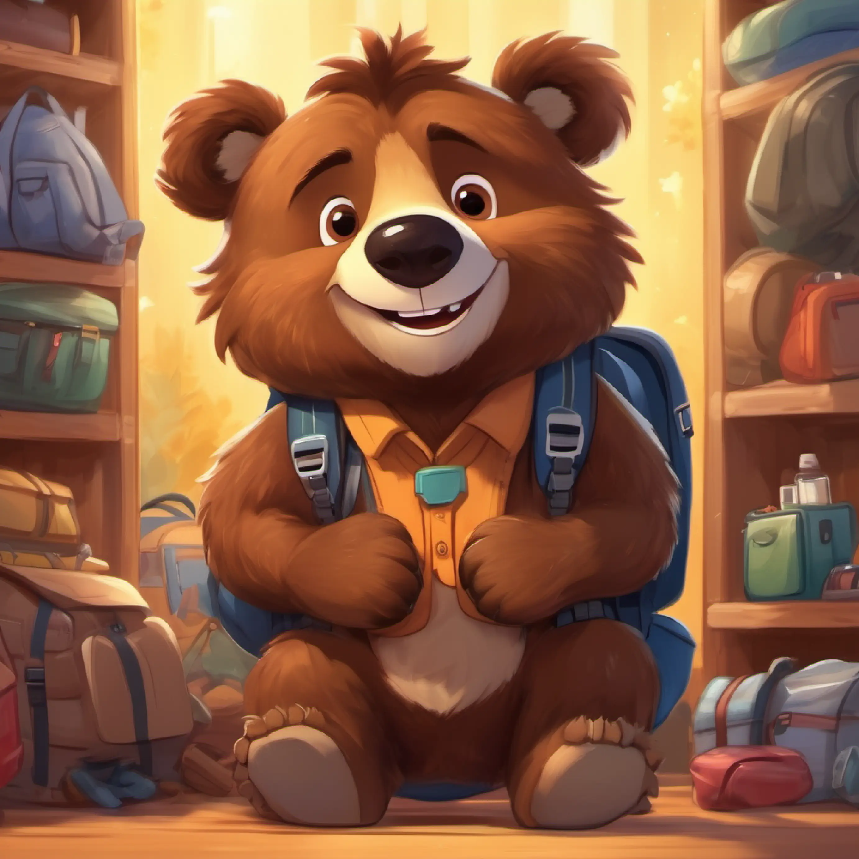 Furry brown bear with a big smile, twinkling brown eyes packing his backpack for the journey, getting ready with all the stuff he needs, excitement