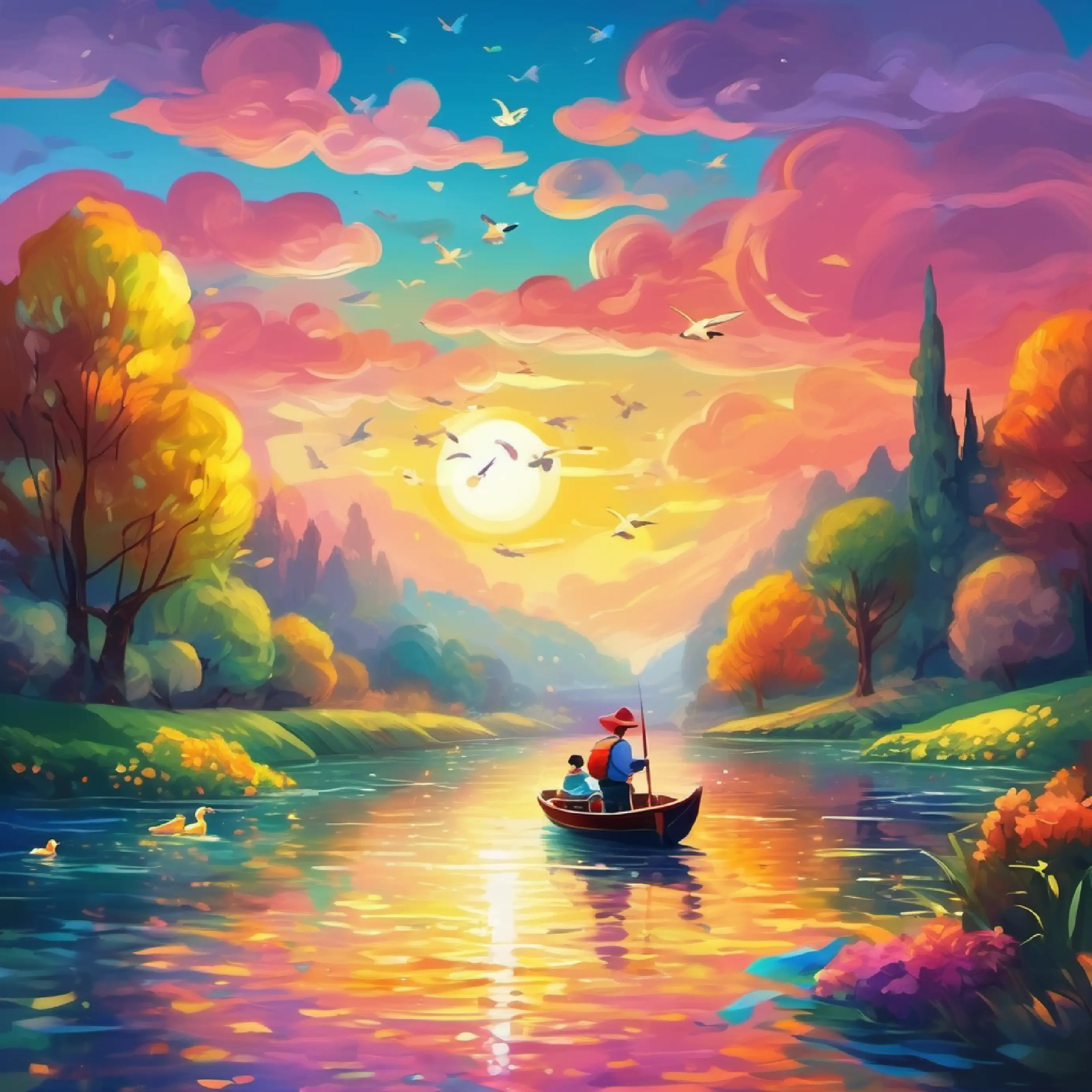 Sailing on a colorful boat down the sparkling river, saying hi to the fish and ducks, colorful and beautiful river