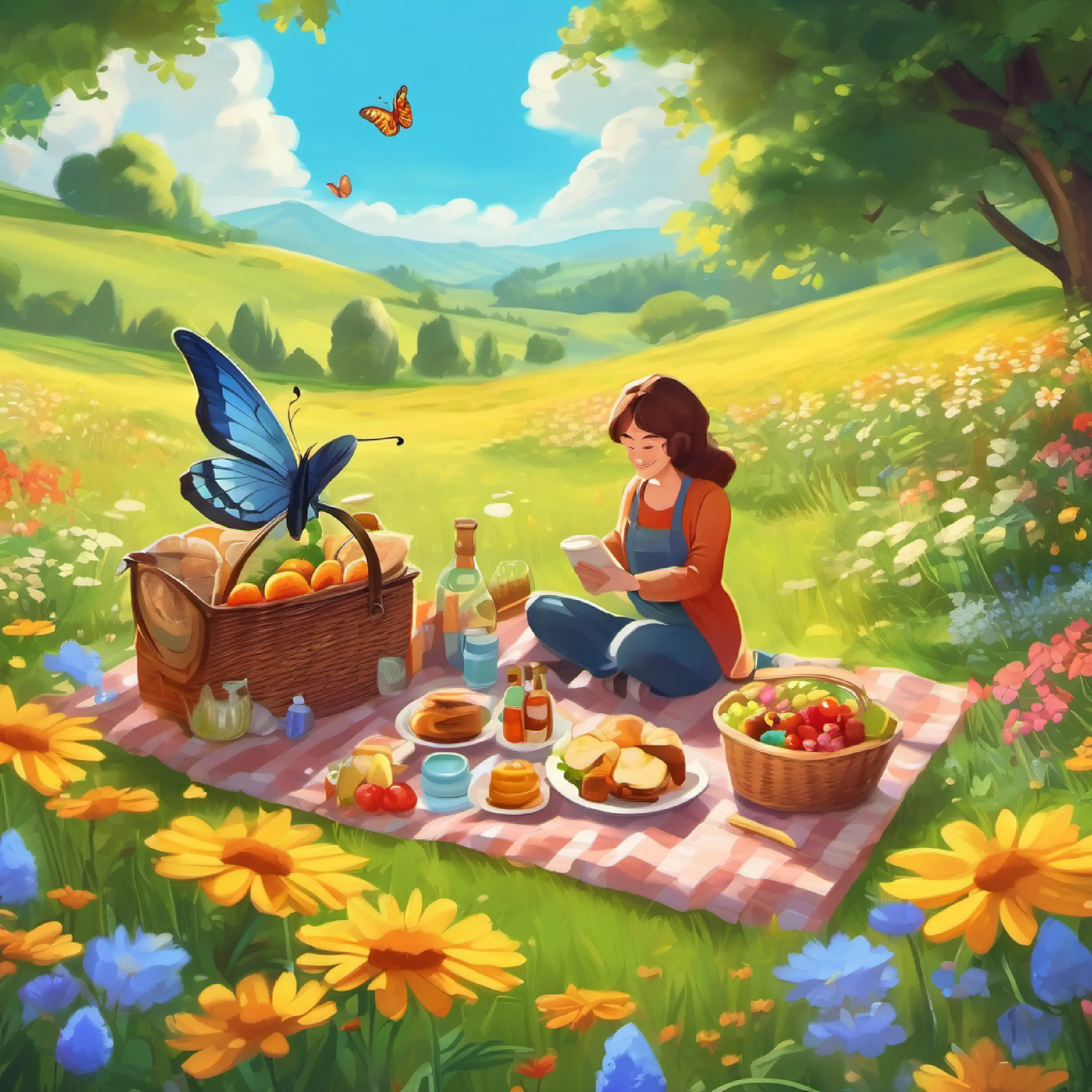 Having a picnic in a meadow with colorful flowers, friendly butterflies, hungry tummy, sunny and beautiful meadow