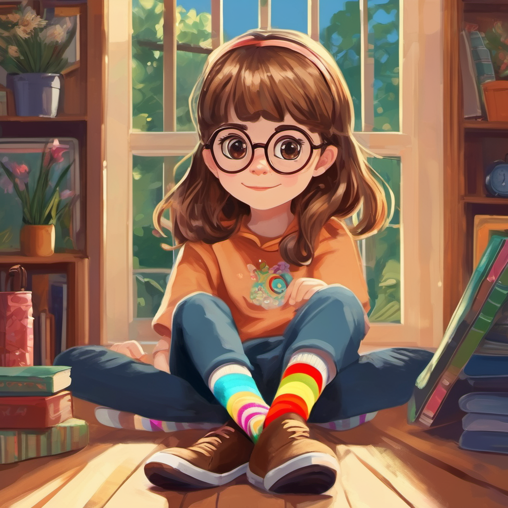 Brown hair, kind eyes, always wears a locket makes time for friendship with Blond hair, glasses, loves wearing colorful socks