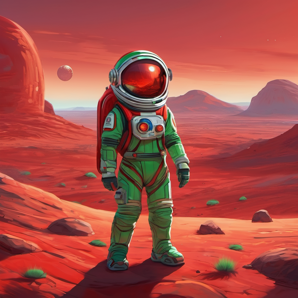 Mark the Martian, red skin, green eyes, wears a spacesuit on Mars, standing on a red hill with a big smile