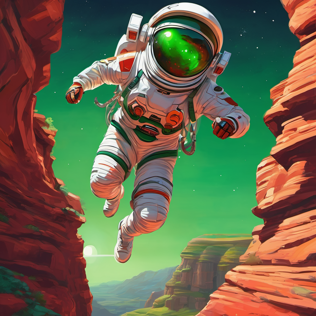 Mark the Martian, red skin, green eyes, wears a spacesuit jumping over a canyon with a big smile