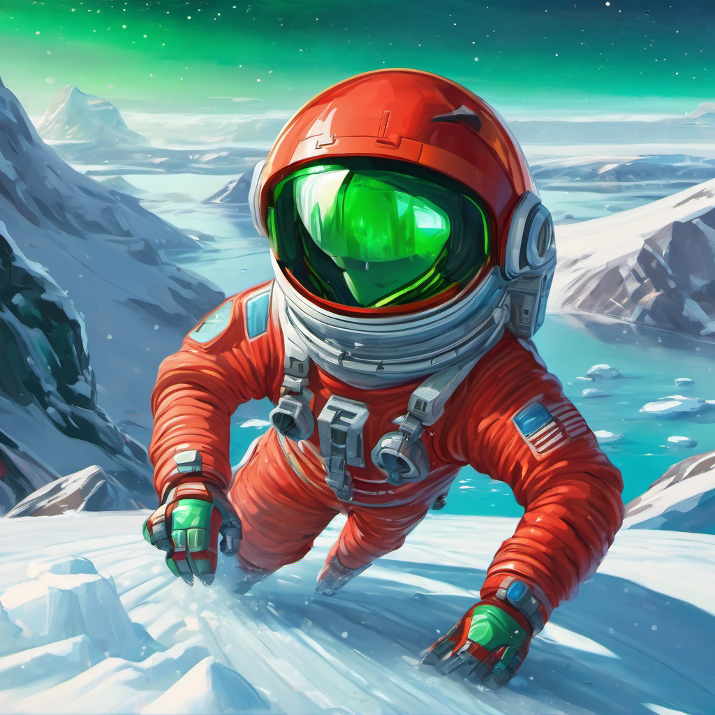 Mark the Martian, red skin, green eyes, wears a spacesuit sliding on the ice caps and his ice spaceship in the background