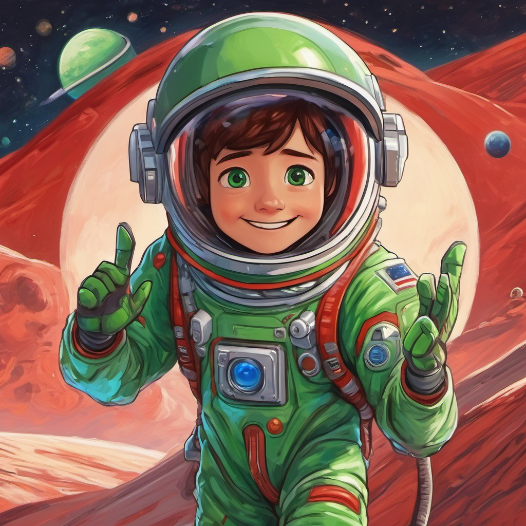 Mark the Martian, red skin, green eyes, wears a spacesuit waving goodbye to his friends with a big smile