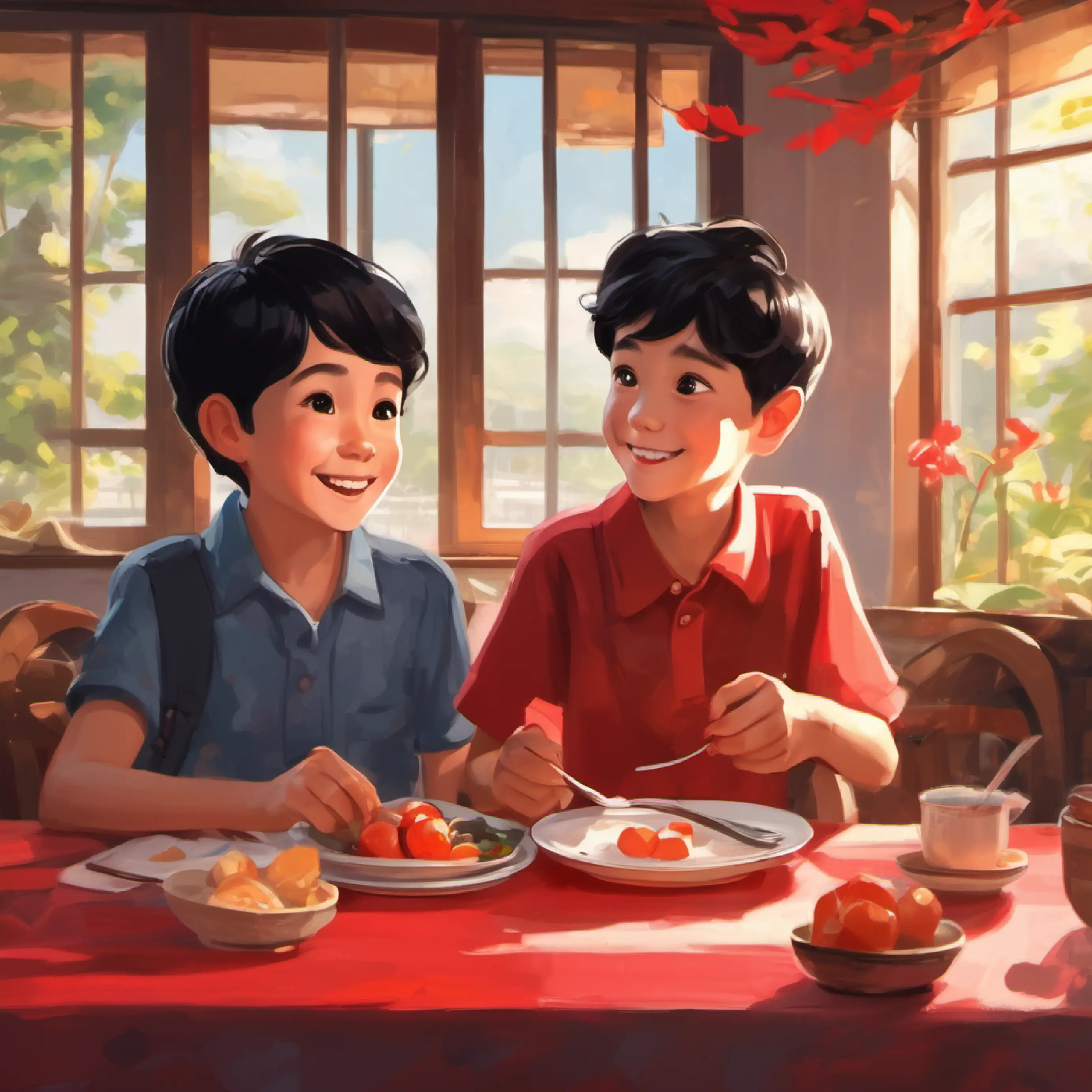 kind boy, smart, always smiling, short black hair, brown eyes's mother asks about the Red Envelopes during breakfast.