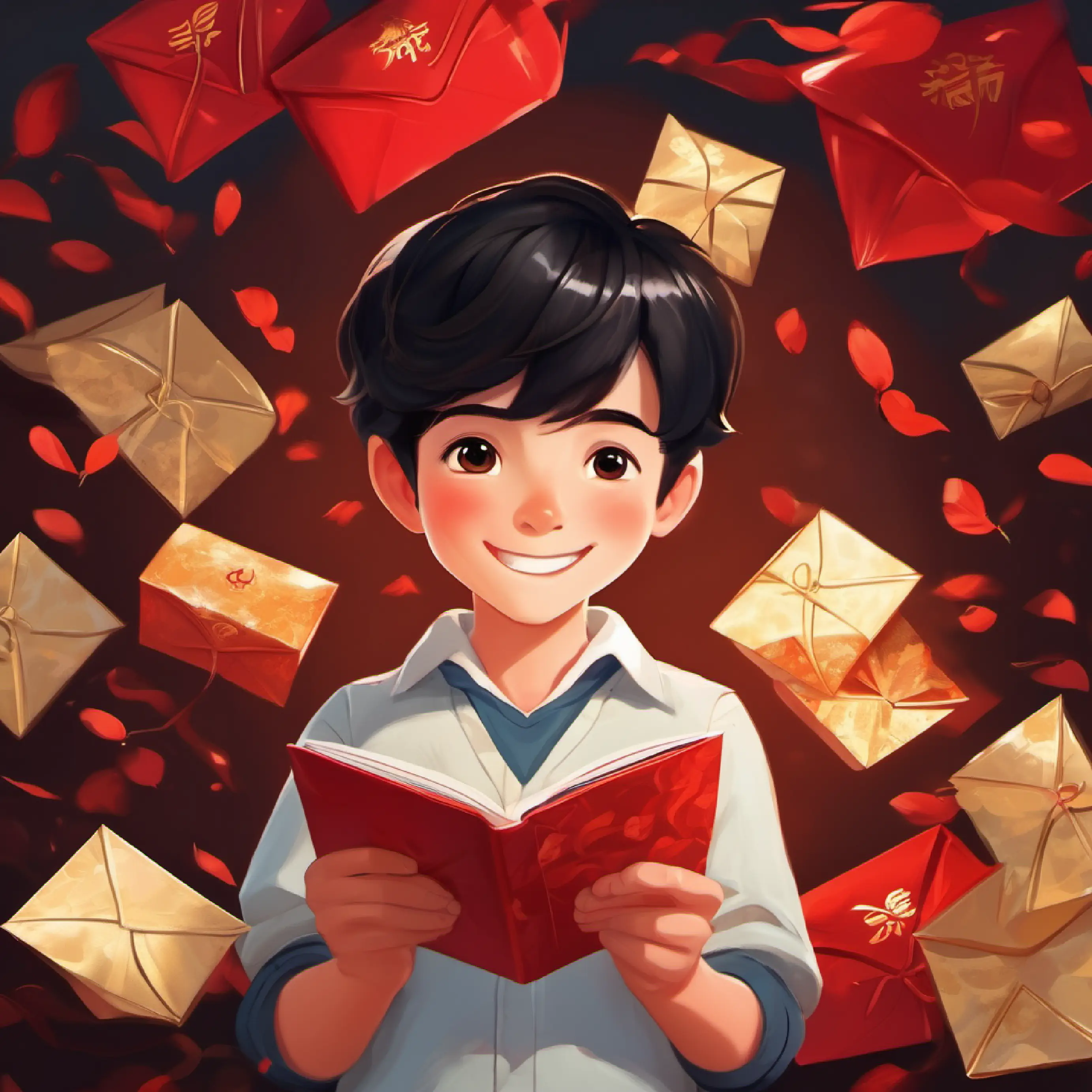 kind boy, smart, always smiling, short black hair, brown eyes feels surprised about forgetting the Red Envelopes.