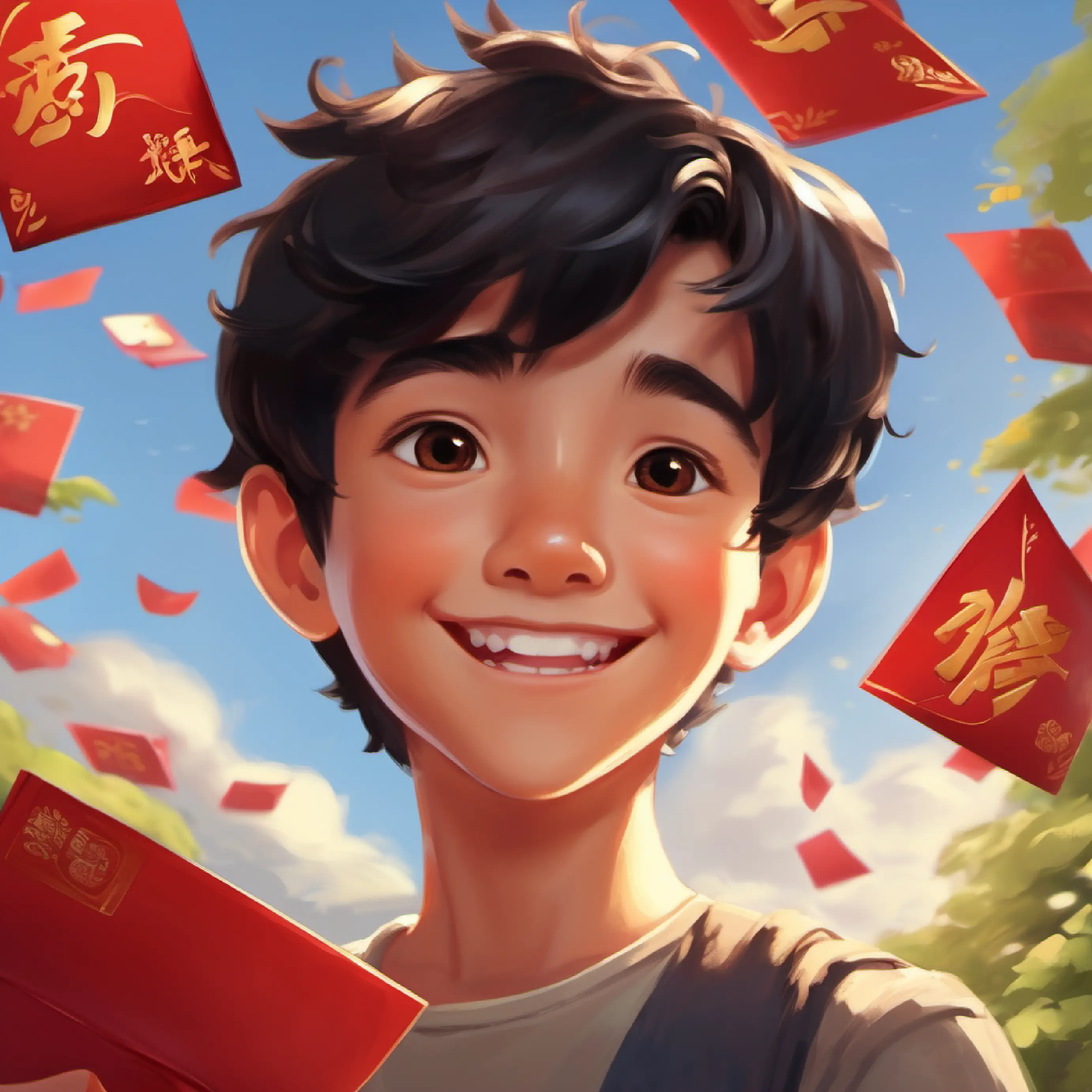 kind boy, smart, always smiling, short black hair, brown eyes creates a treasure hunt for the Red Envelopes.