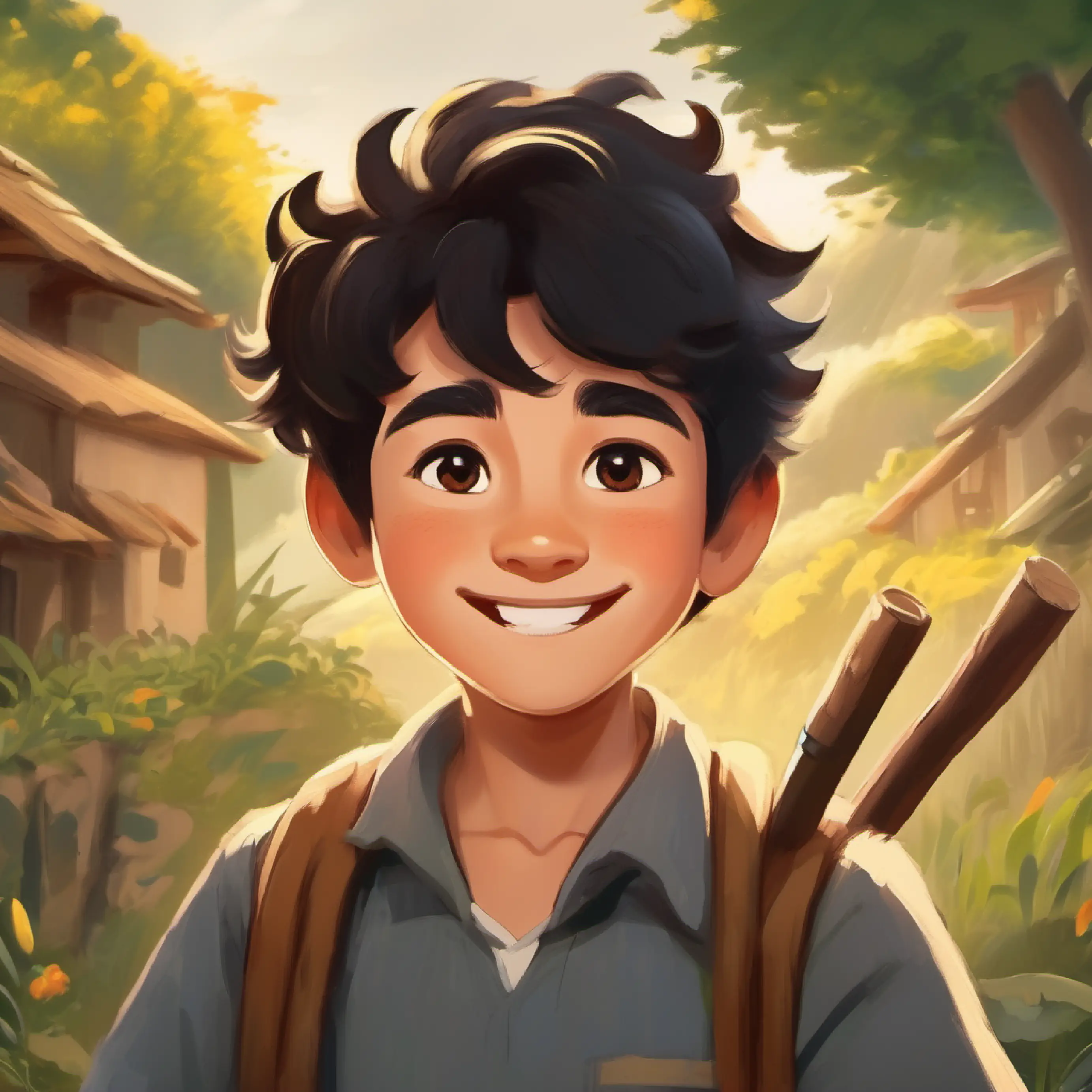 Introduction of Kind boy, friendly smile, wild black hair, brown eyes in his village, drawing with a stick.