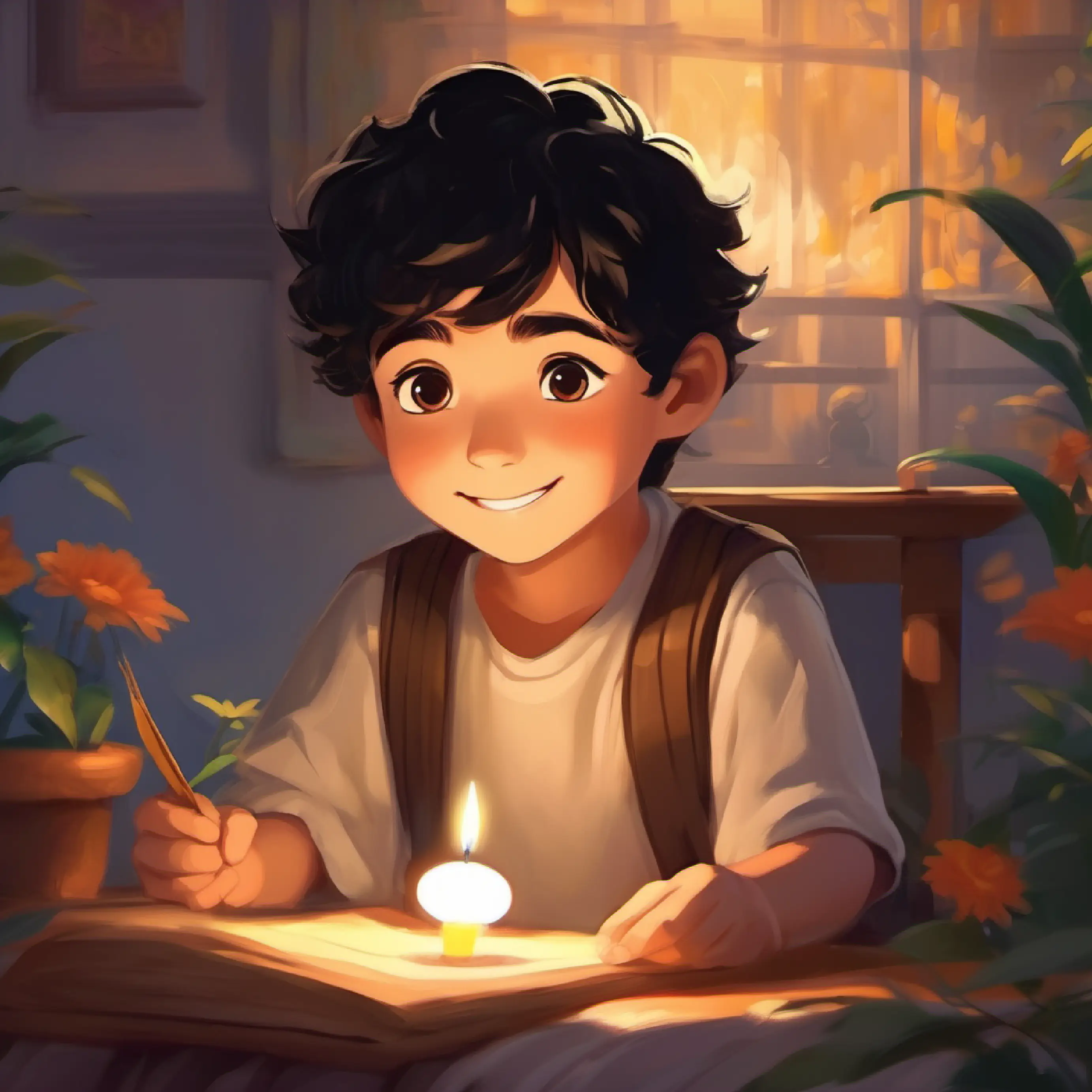 Kind boy, friendly smile, wild black hair, brown eyes making a wish before going to sleep.