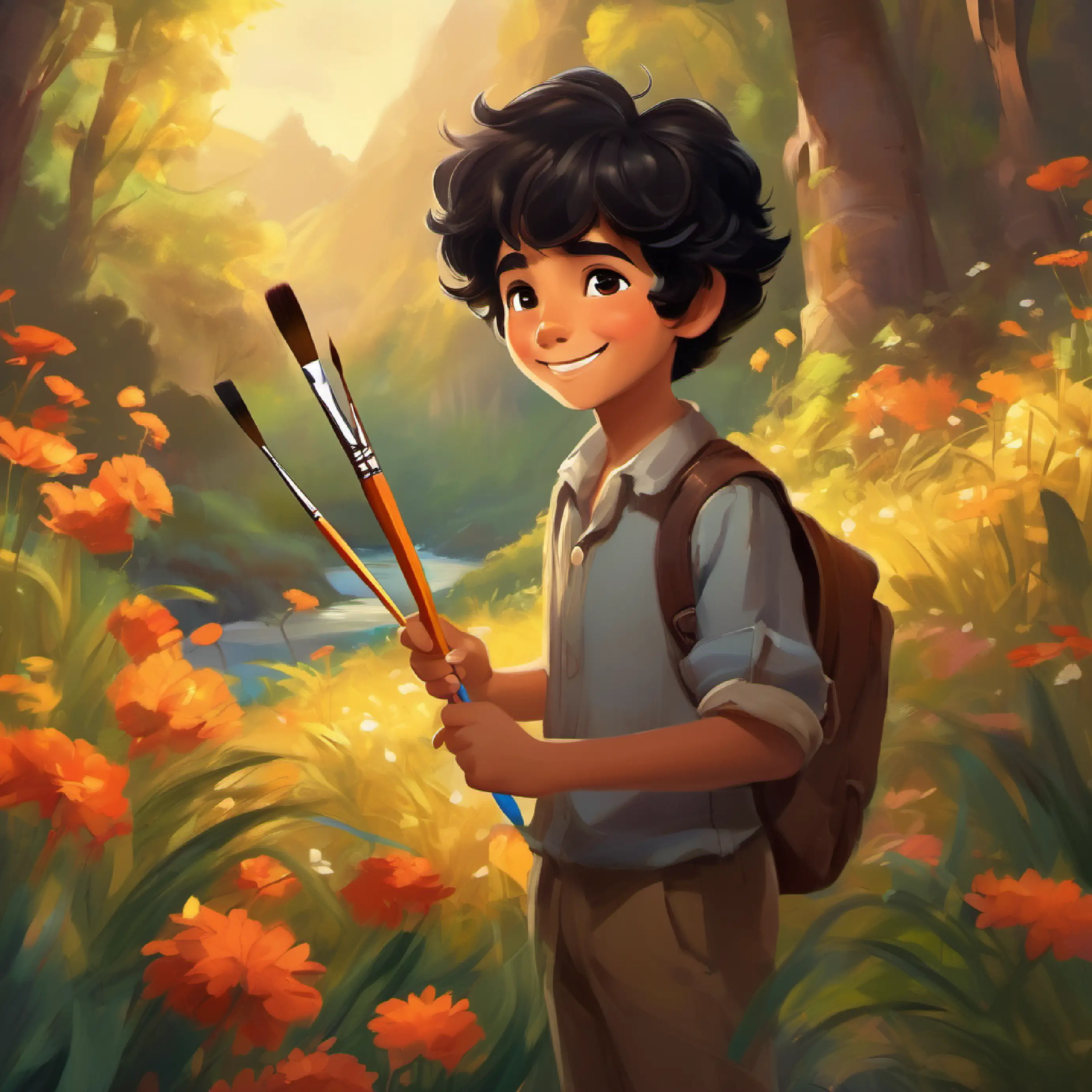 Kind boy, friendly smile, wild black hair, brown eyes discovers a magical paintbrush.