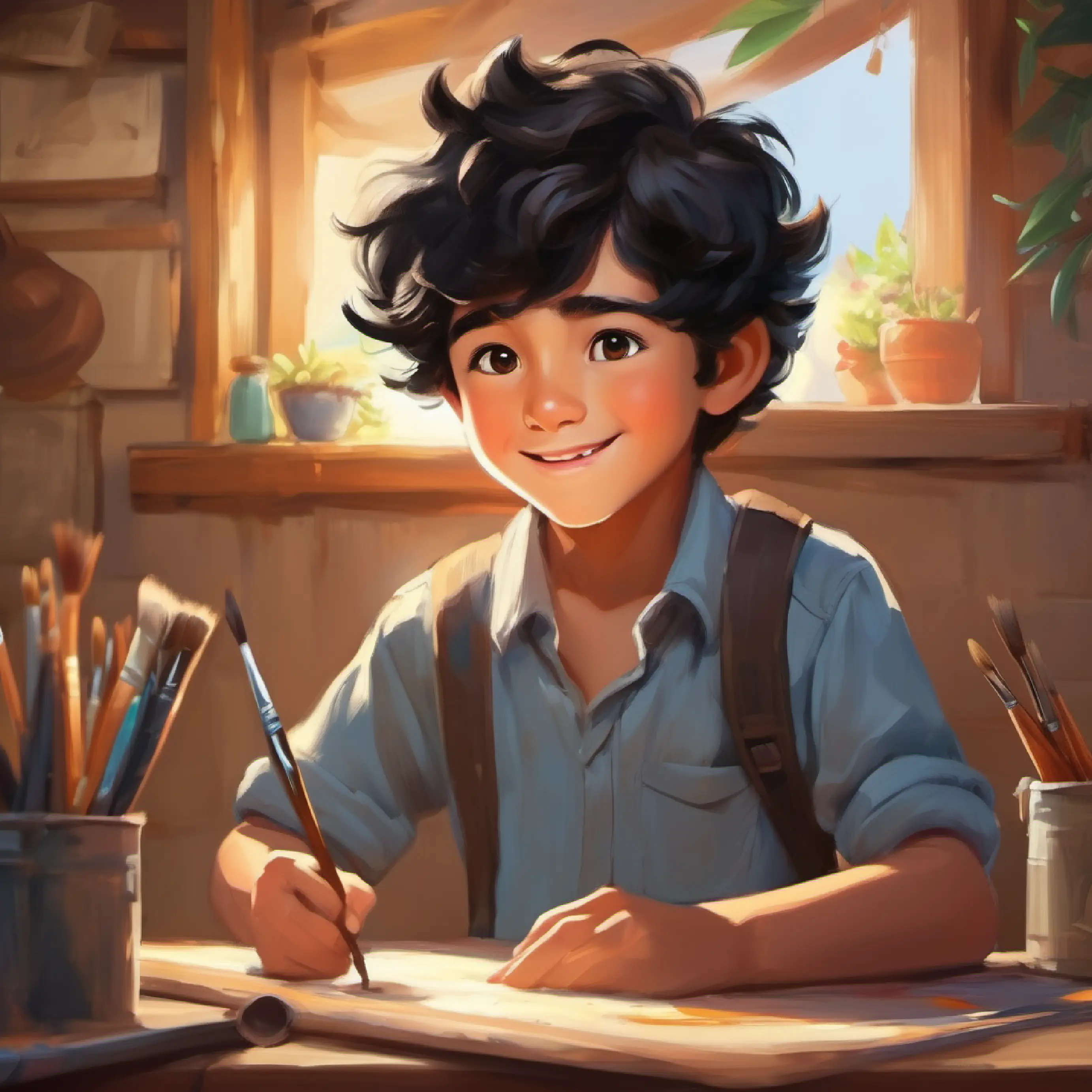 Kind boy, friendly smile, wild black hair, brown eyes uses the paintbrush and his drawings come to life.