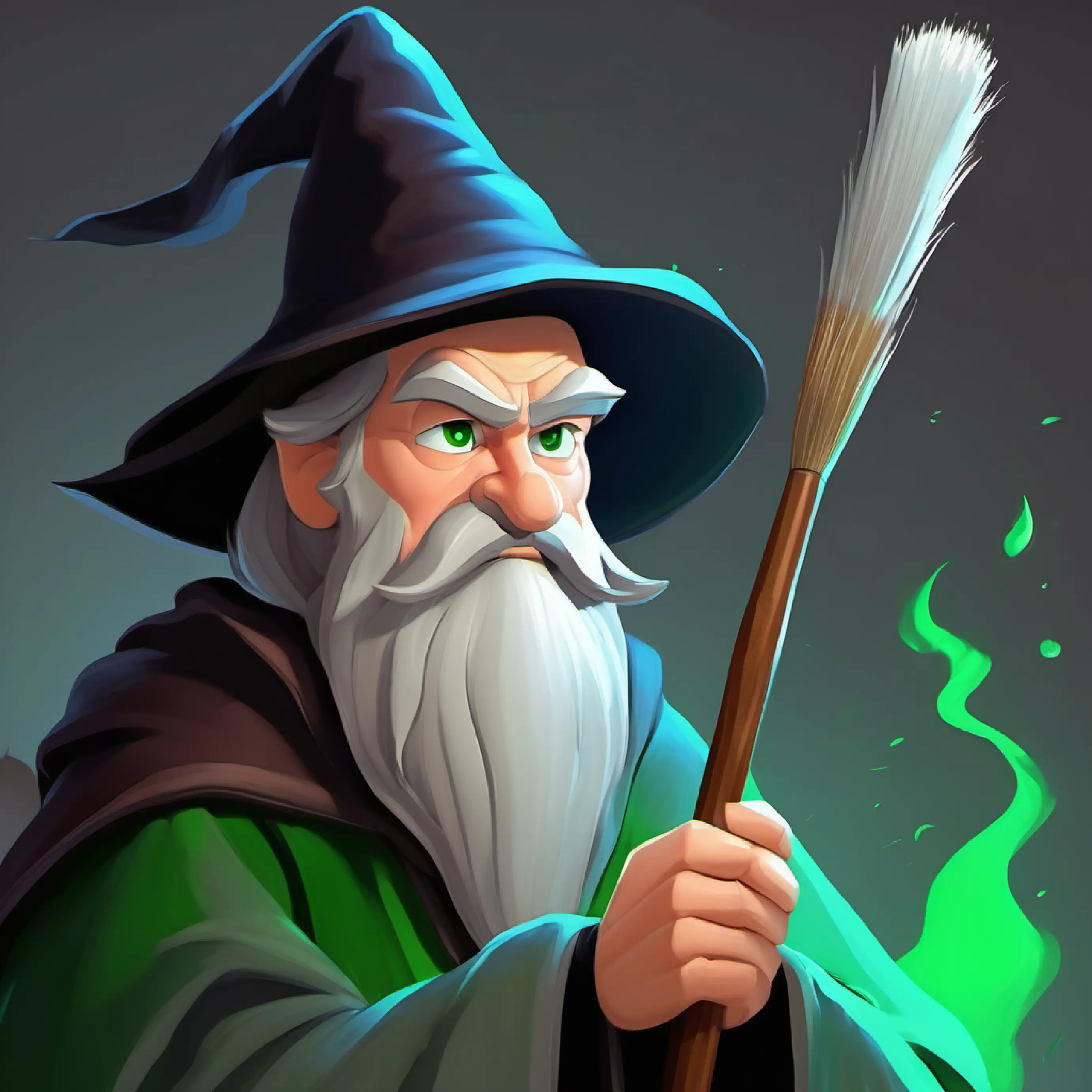 Grumpy wizard, gray beard, dark cloak, narrow green eyes the wizard tries to take the paintbrush.