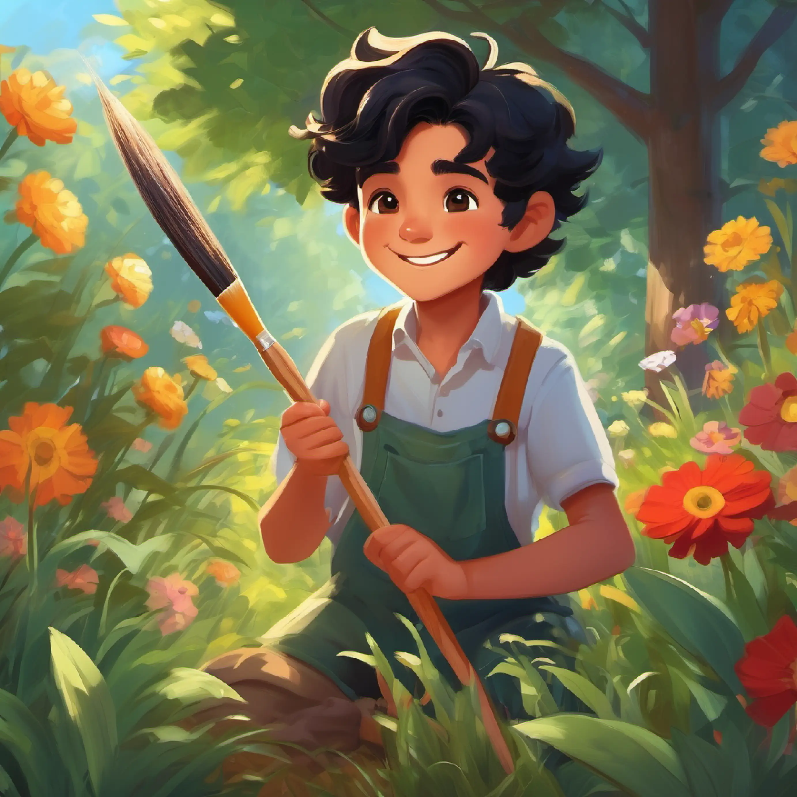 Kind boy, friendly smile, wild black hair, brown eyes paints a garden to show the good of the paintbrush.
