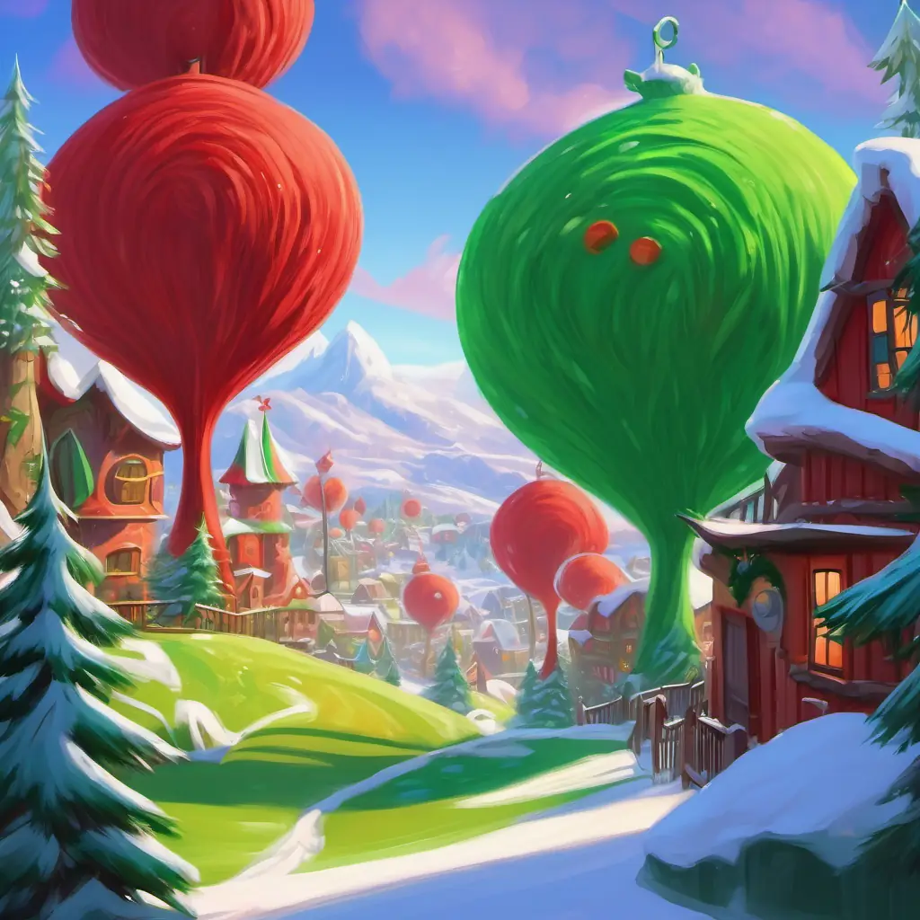 Introduction of the Green, grumpy, red eyes, fuzzy, snowy Whoville setting