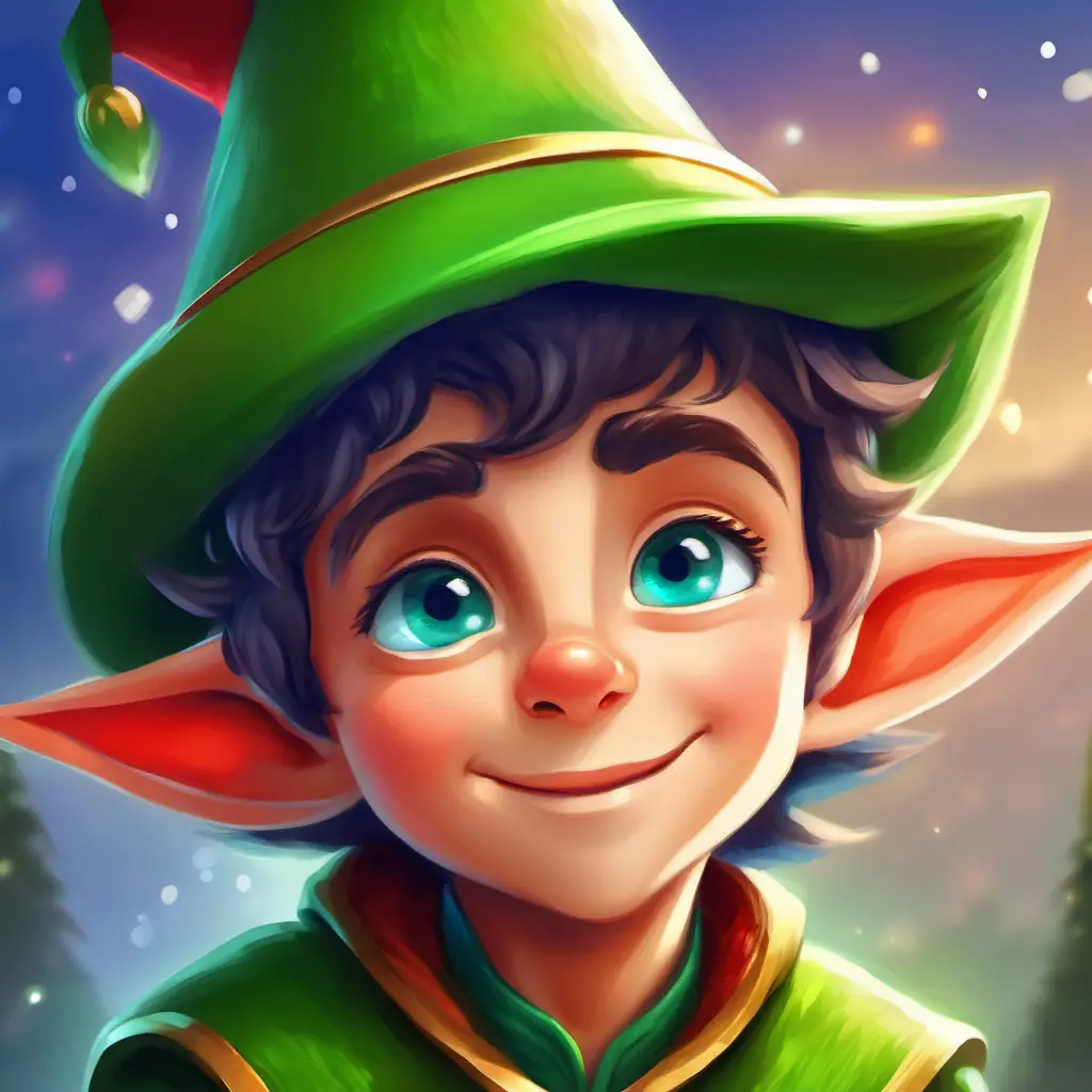 Small, joyful elf, green skin, blue eyes, pointy hat and Tiny, cheerful elf, green skin, brown eyes, sparkly clothes decide to help the Green, grumpy, red eyes, fuzzy, showing optimism