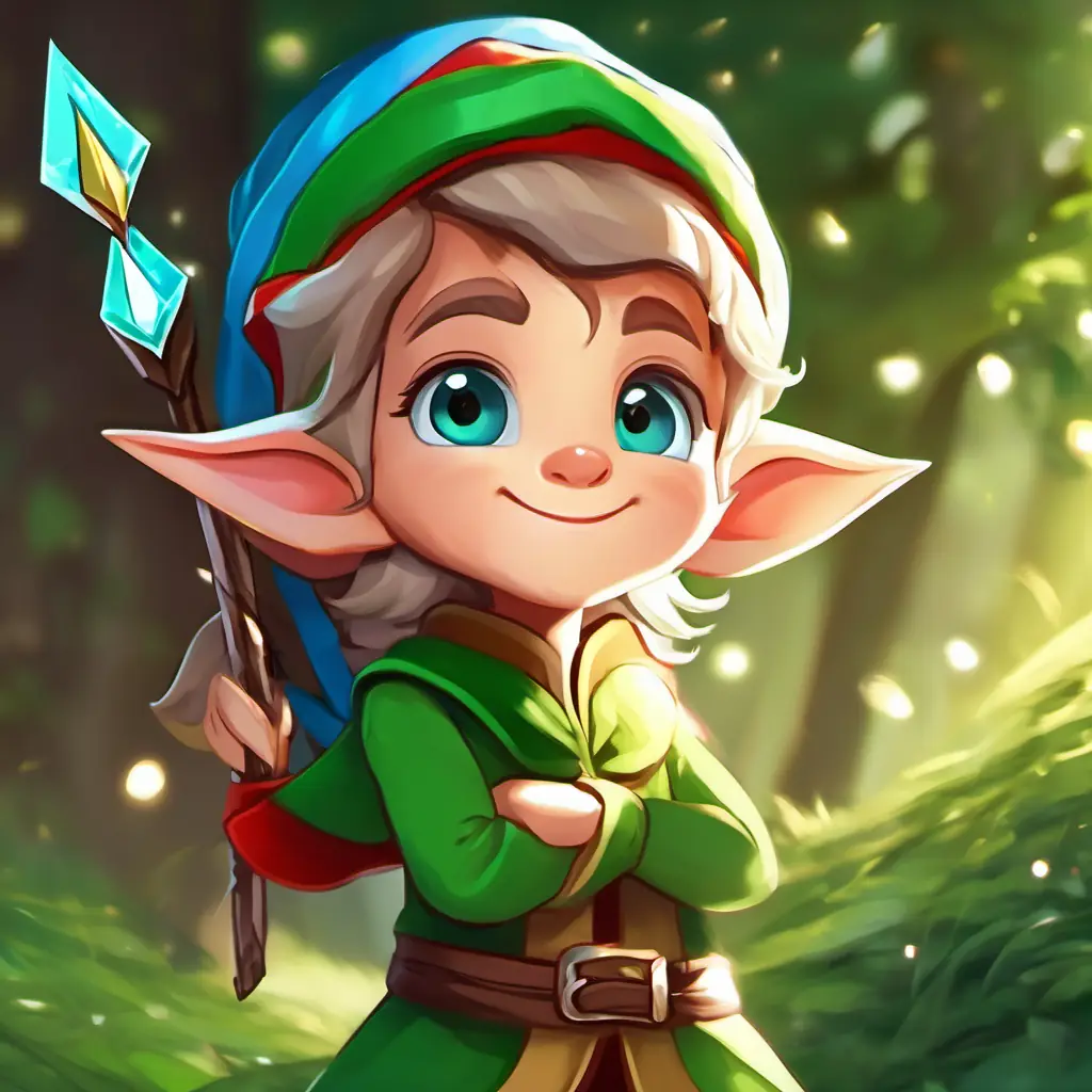 Small, joyful elf, green skin, blue eyes, pointy hat and Tiny, cheerful elf, green skin, brown eyes, sparkly clothes sharing with the Green, grumpy, red eyes, fuzzy, display of kindness